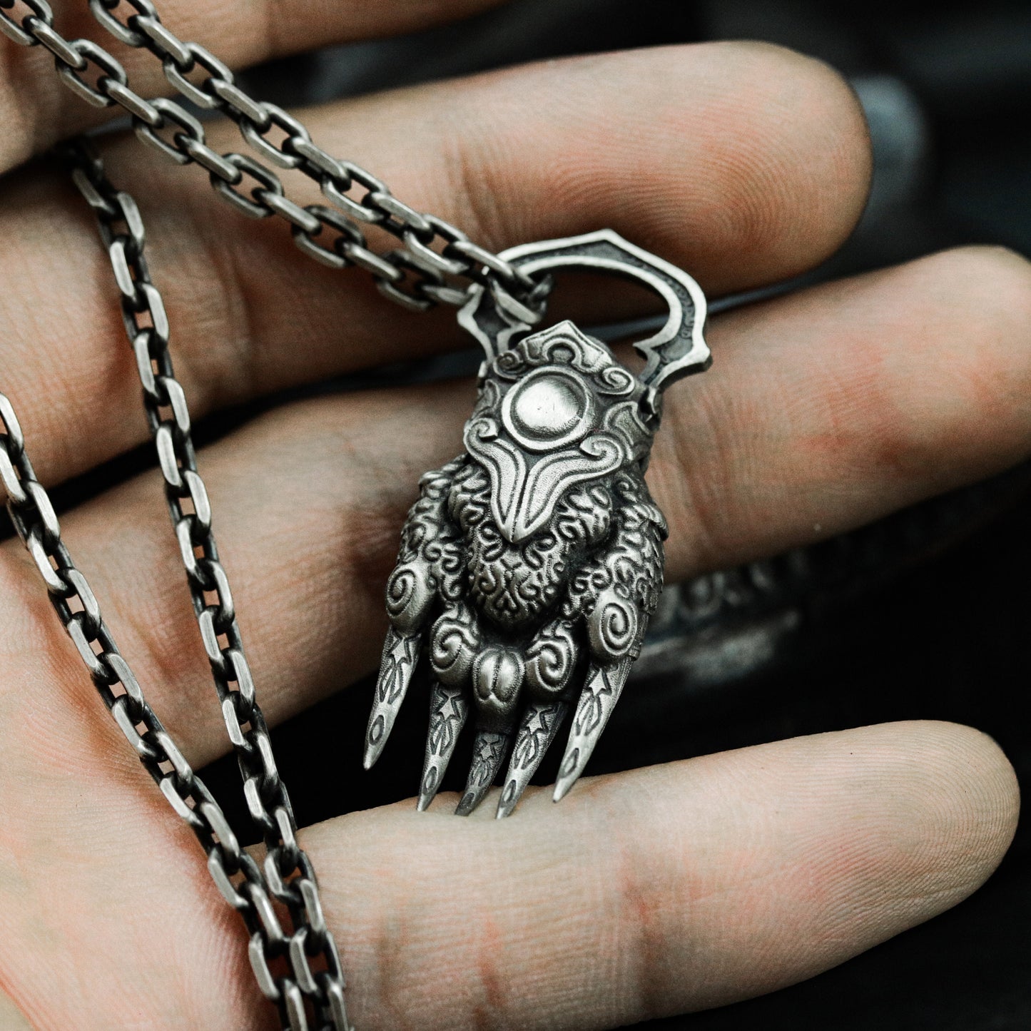 Engraved Paw Pendant with Patterned Claws - 925 Sterling Silver Handmade