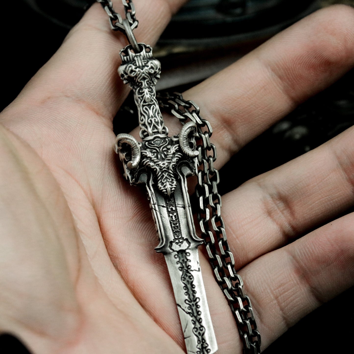 Gothic Sword Pendant with Skull Pommel ¨C 925 Sterling Silver Handmade