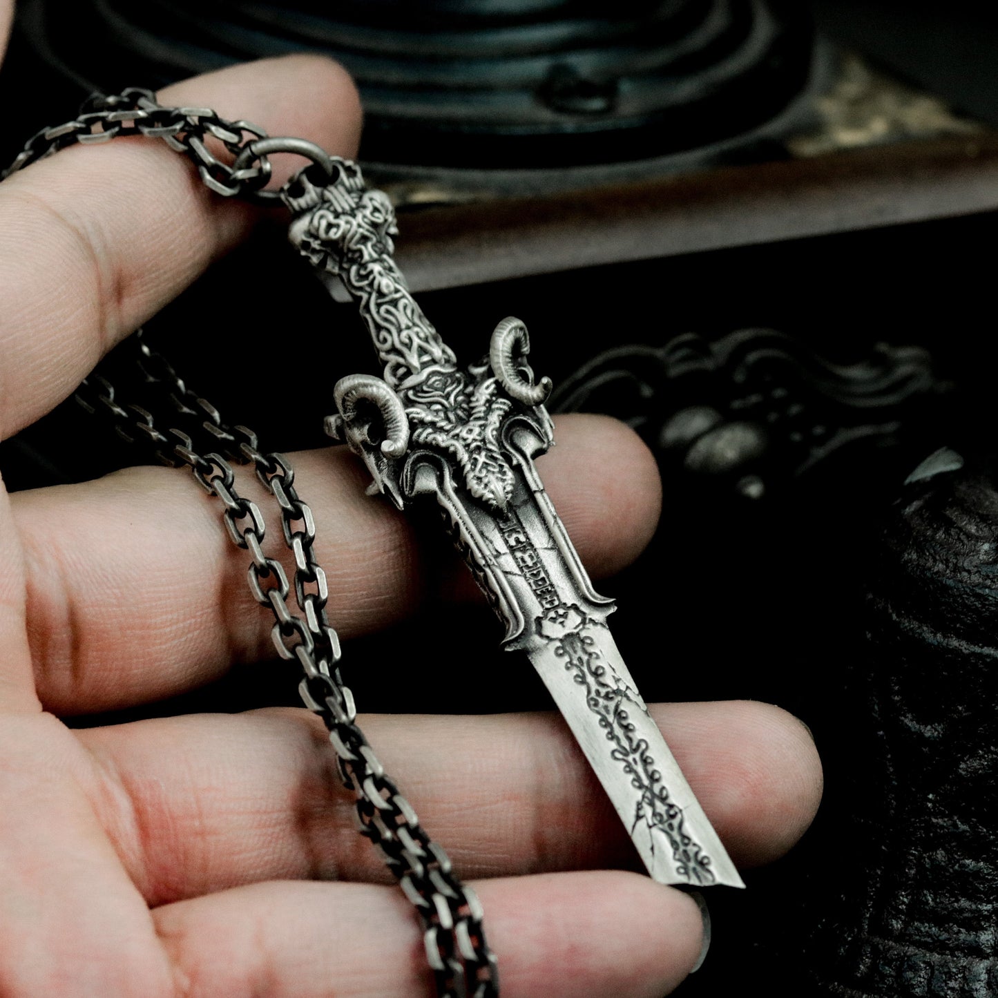 Gothic Sword Pendant with Skull Pommel ¨C 925 Sterling Silver Handmade
