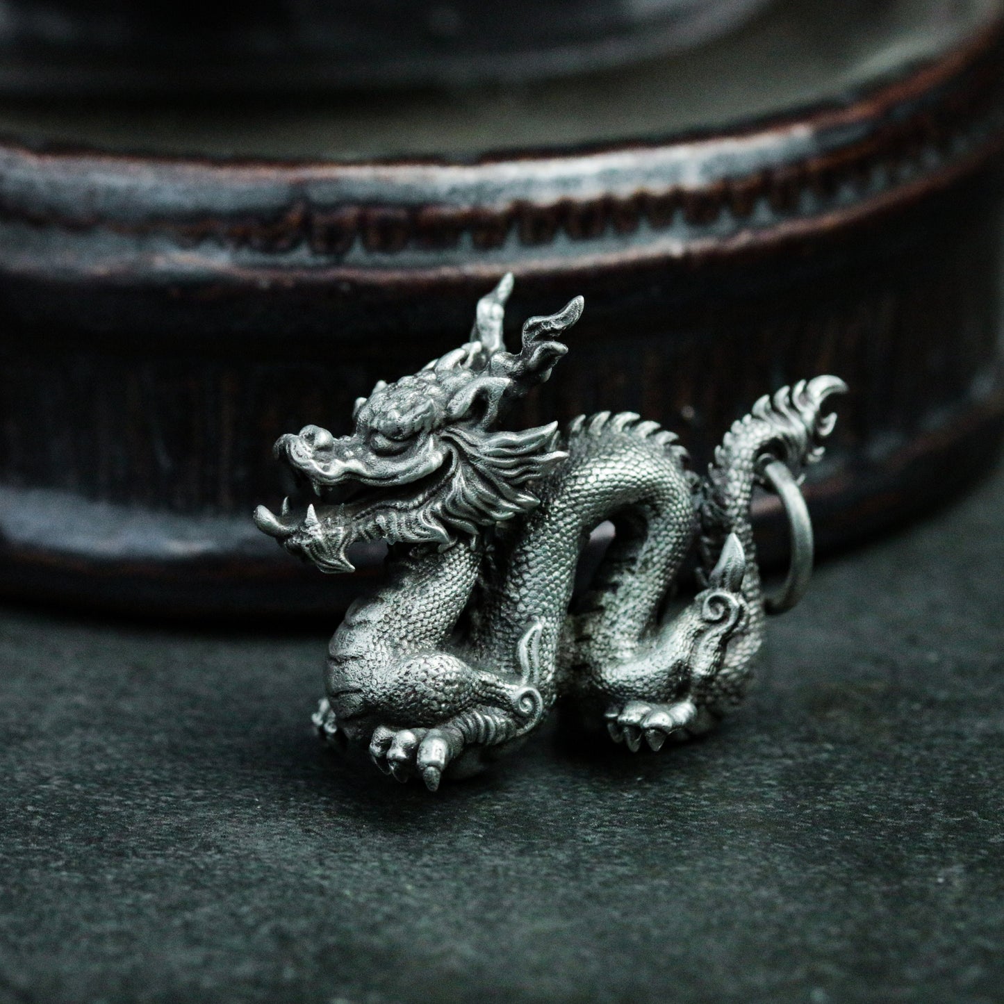 Chinese Dragon Pendant in Coiled Pose ¨C 925 Sterling Silver Handmade