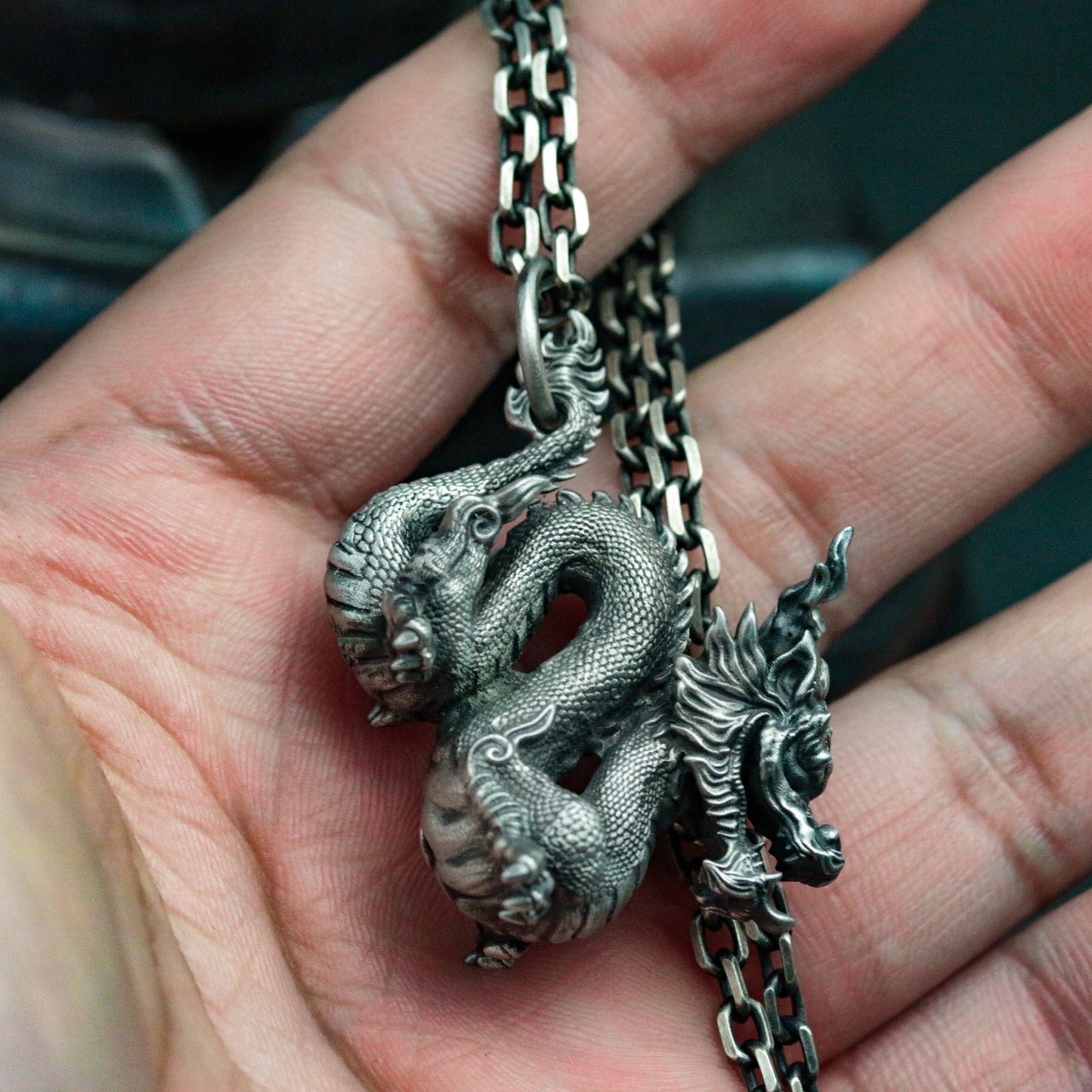 Chinese Dragon Pendant in Coiled Pose ¨C 925 Sterling Silver Handmade