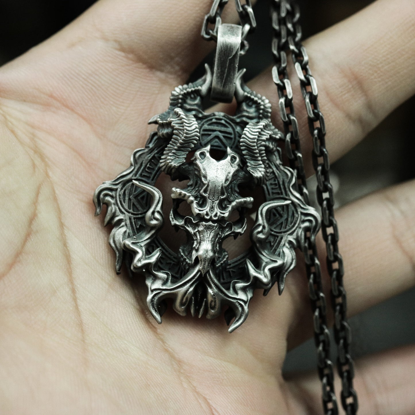 Beast Skull Pendant with Gothic Frame ¨C 925 Sterling Silver Handmade