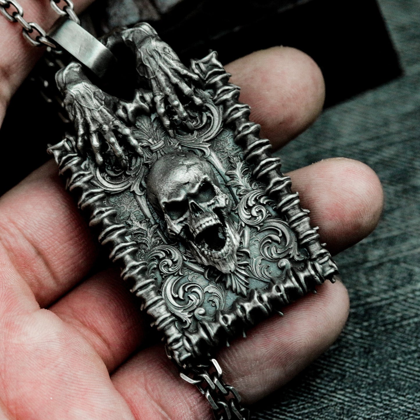 Baroque Skull Pendant ¨C Handmade 925 Silver Framed Gothic Necklace