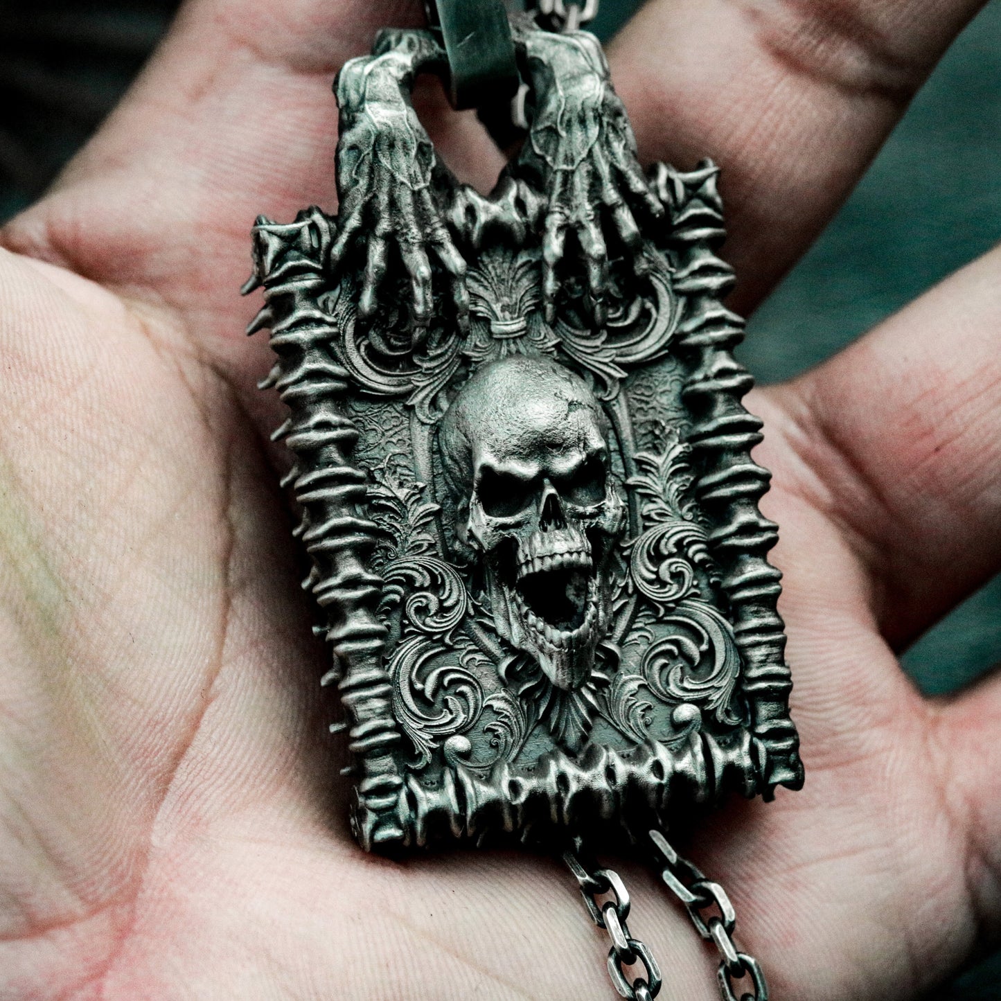 Baroque Skull Pendant ¨C Handmade 925 Silver Framed Gothic Necklace