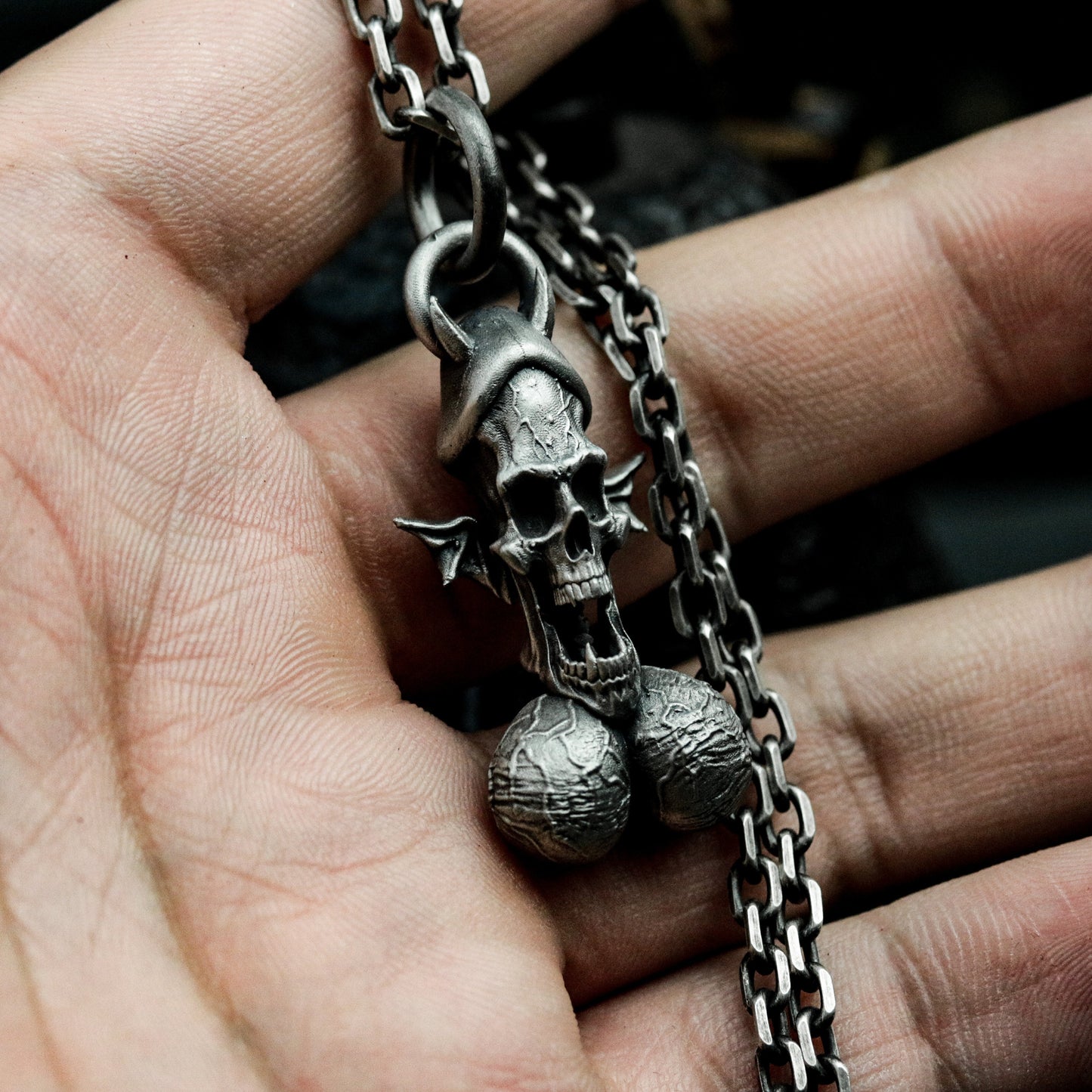 Skull Pendant with Dangling Testicles ¨C 925 Sterling Silver Handmade