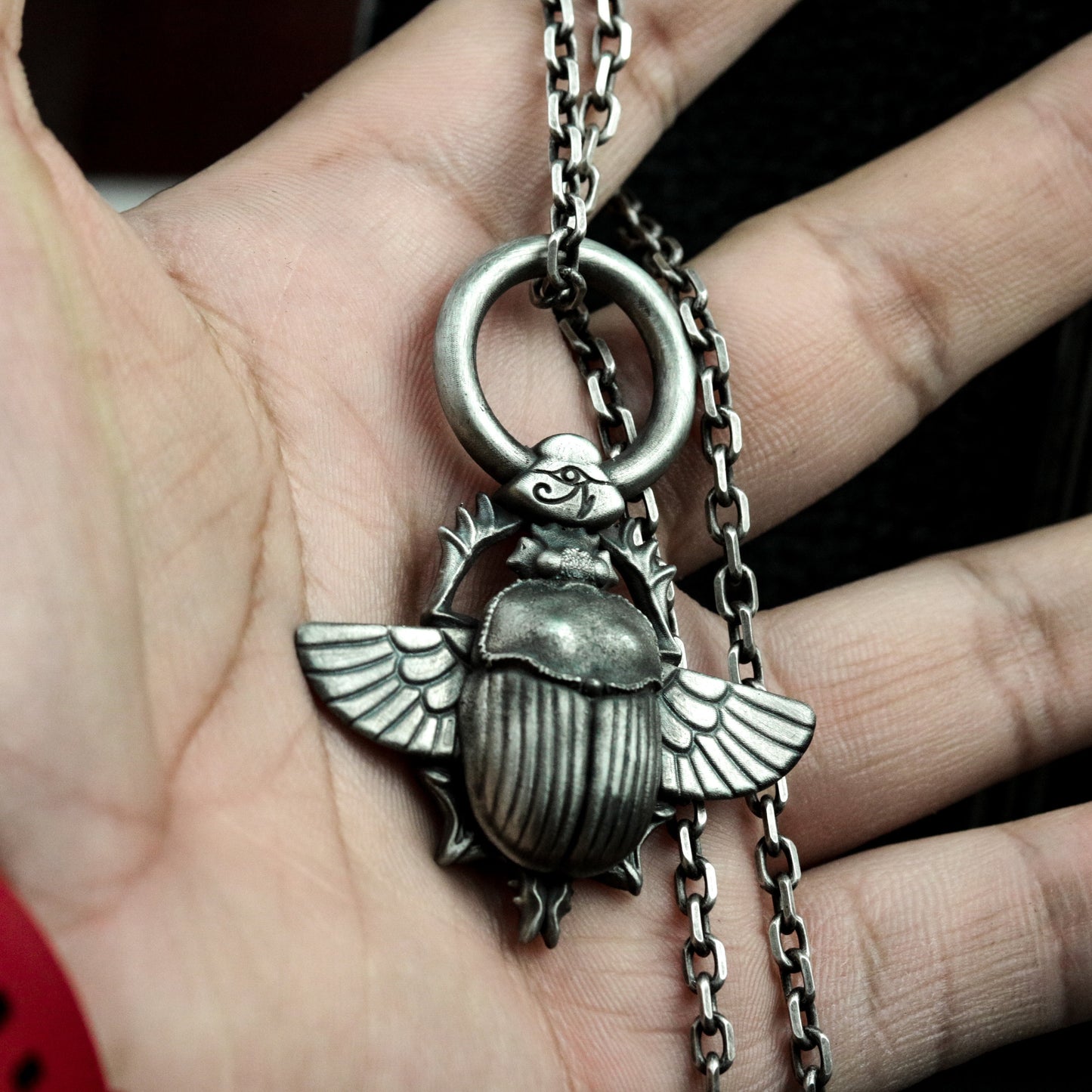 Winged Scarab Pendant with Mechanical Detail - 925 Sterling Silver Handmade