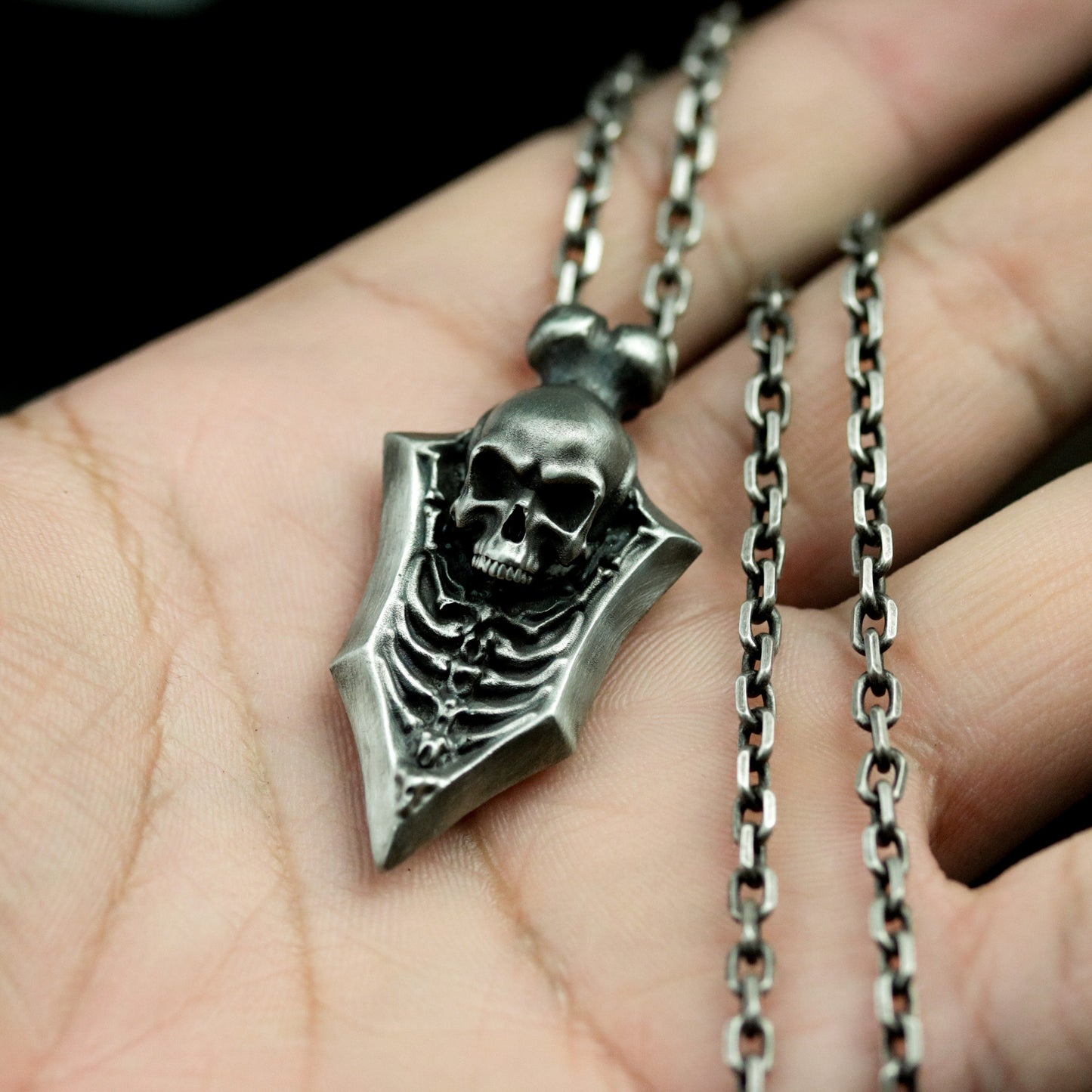 Web Shield Skull Pendant ¨C Handmade 925 Silver Gothic Emblem Necklace