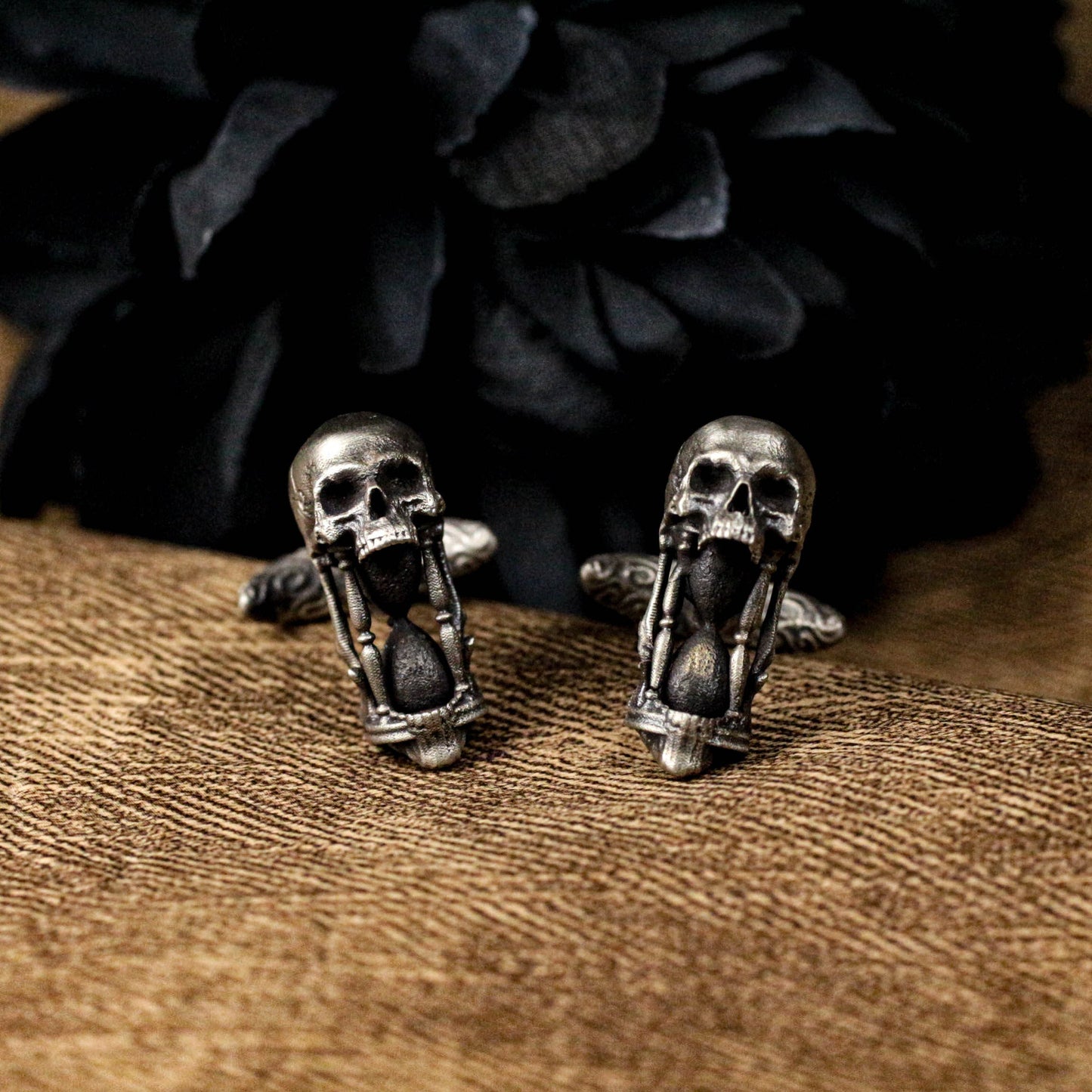 Hourglass Skull Cufflinks, Time Art Design - 925 Sterling Silver Handmade