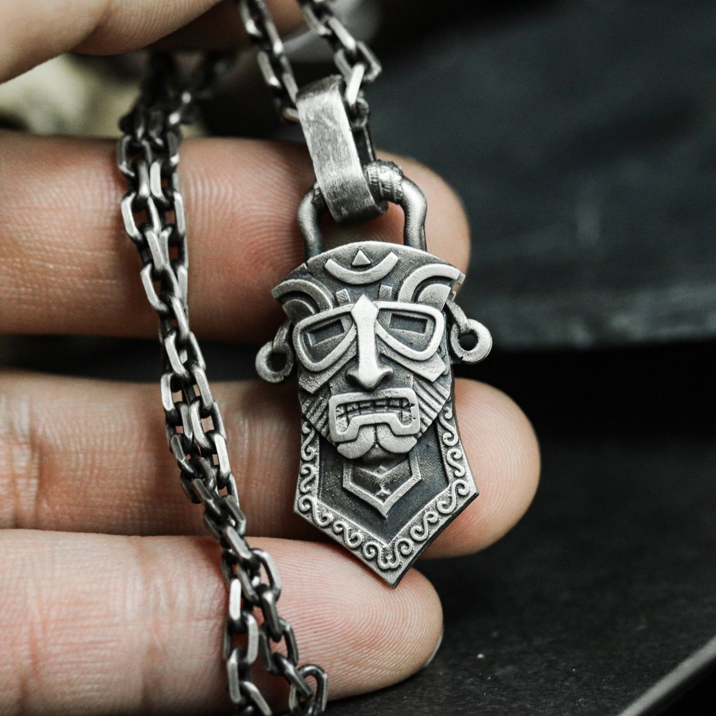 Tribal Mask Pendant ¨C Handmade 925 Silver Ancient Totem Necklace