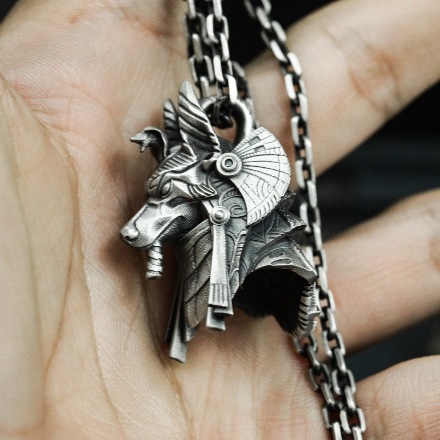 Anubis Jackal Pendant with Tribal-Tech Armor - 925 Sterling Silver Handmade