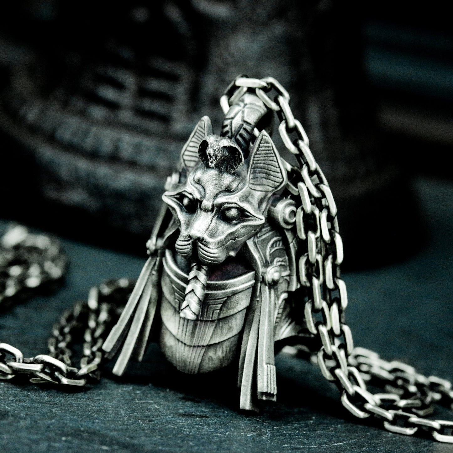 Bastet Warrior Pendant with Futuristic Armor - 925 Sterling Silver Handmade