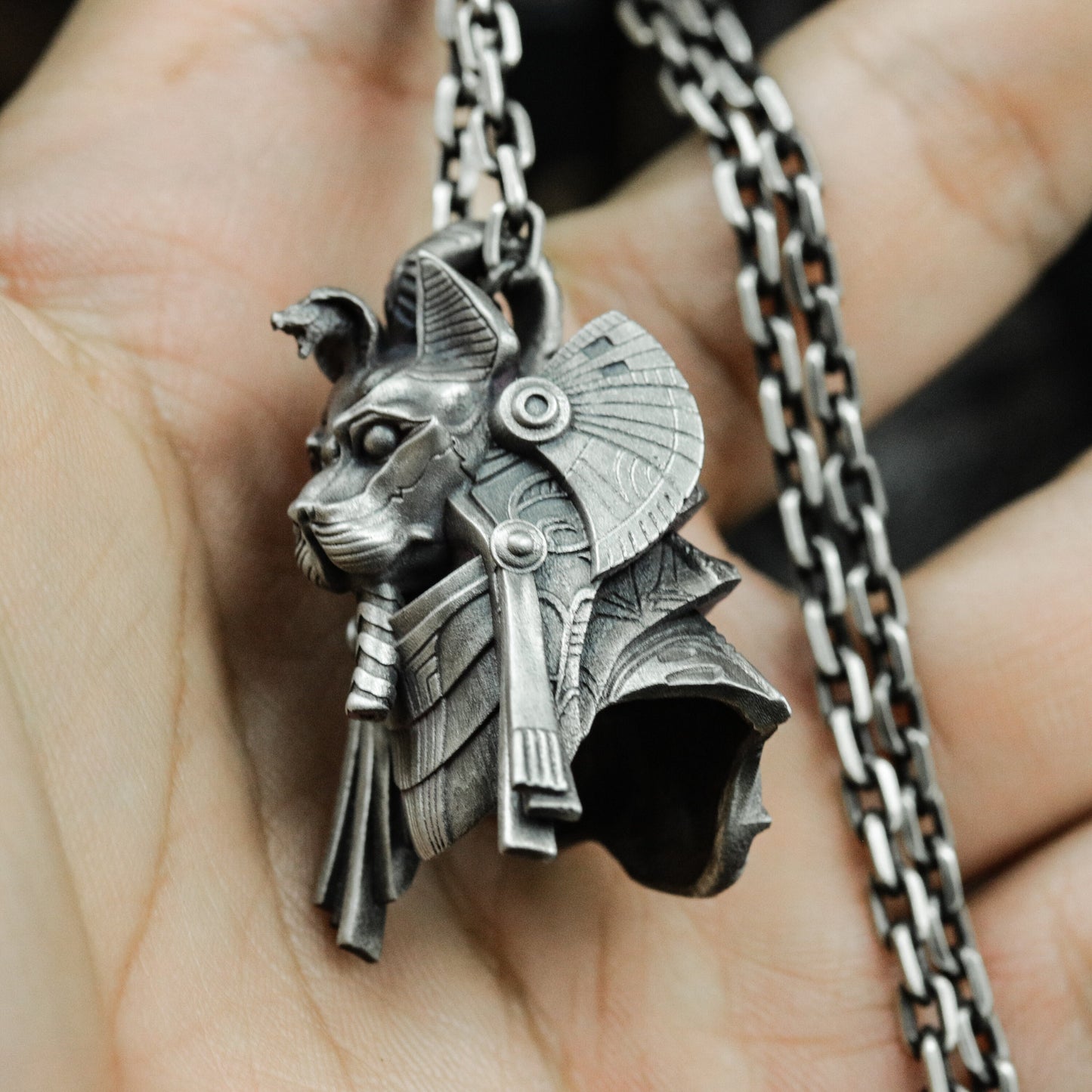 Bastet Warrior Pendant with Futuristic Armor - 925 Sterling Silver Handmade