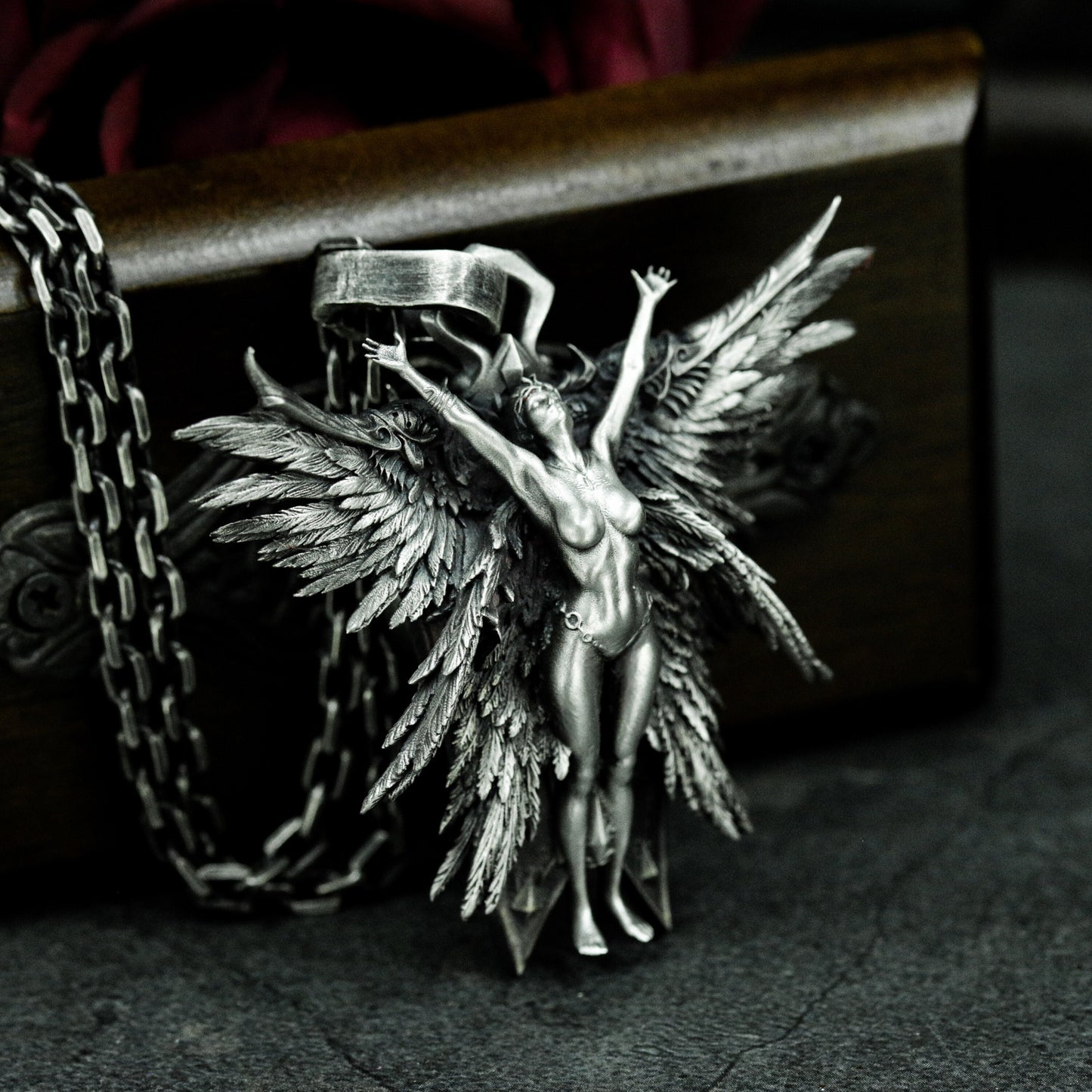 Fallen Angel Pendant with Outstretched Wings - 925 Sterling Silver Handmade