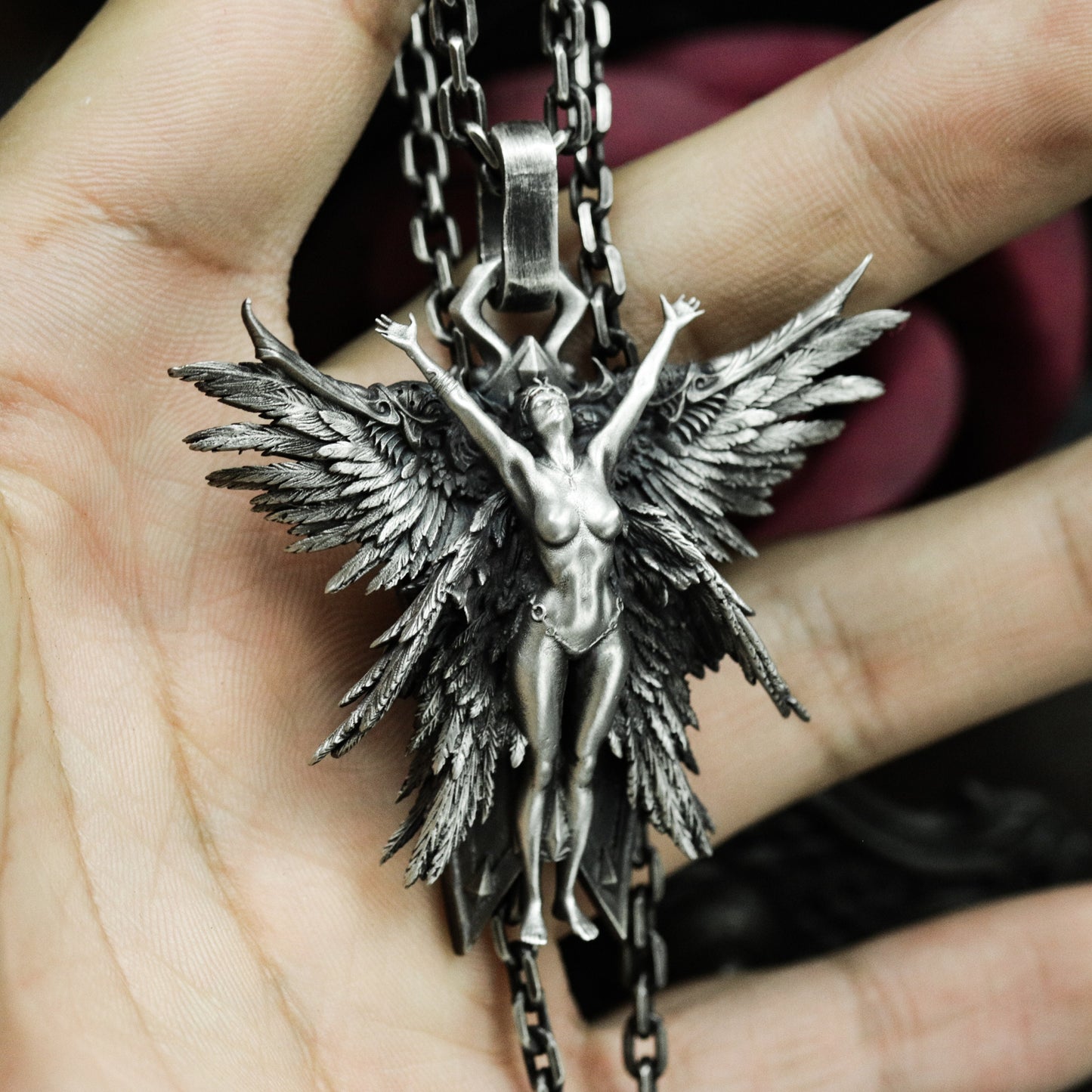 Fallen Angel Pendant with Outstretched Wings - 925 Sterling Silver Handmade