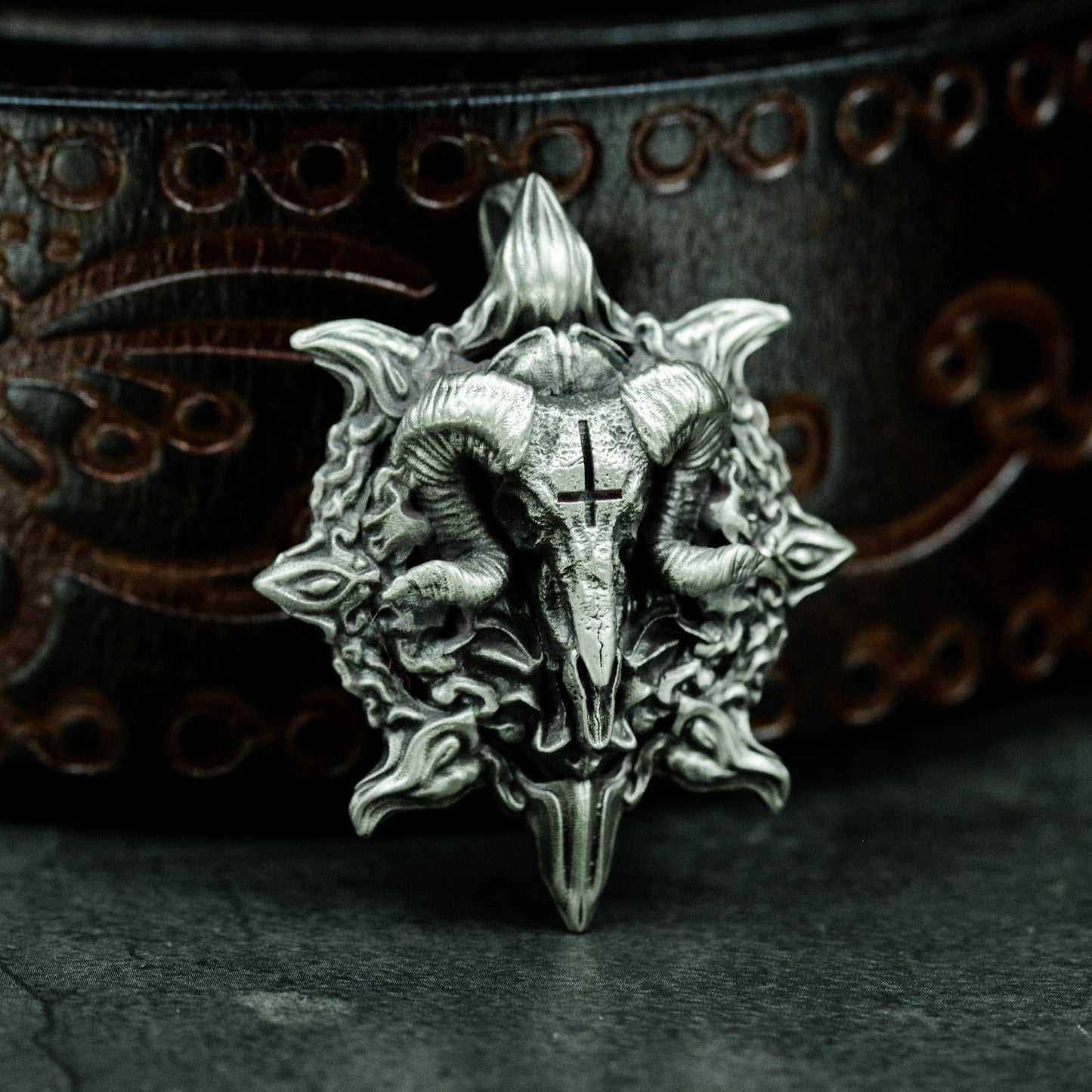 Ram Skull Pendant with Stylized Flames ¨C 925 Sterling Silver Handmade
