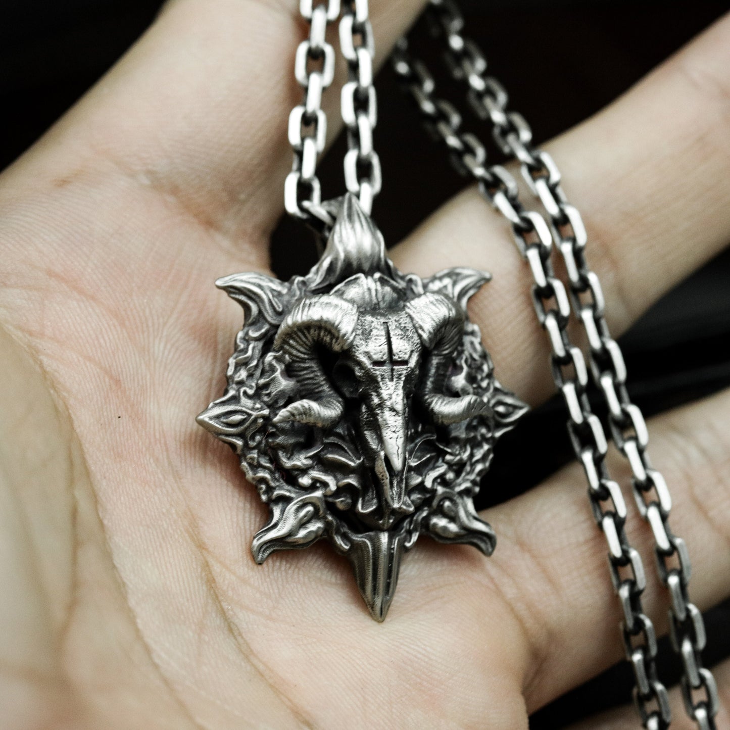 Ram Skull Pendant with Stylized Flames ¨C 925 Sterling Silver Handmade