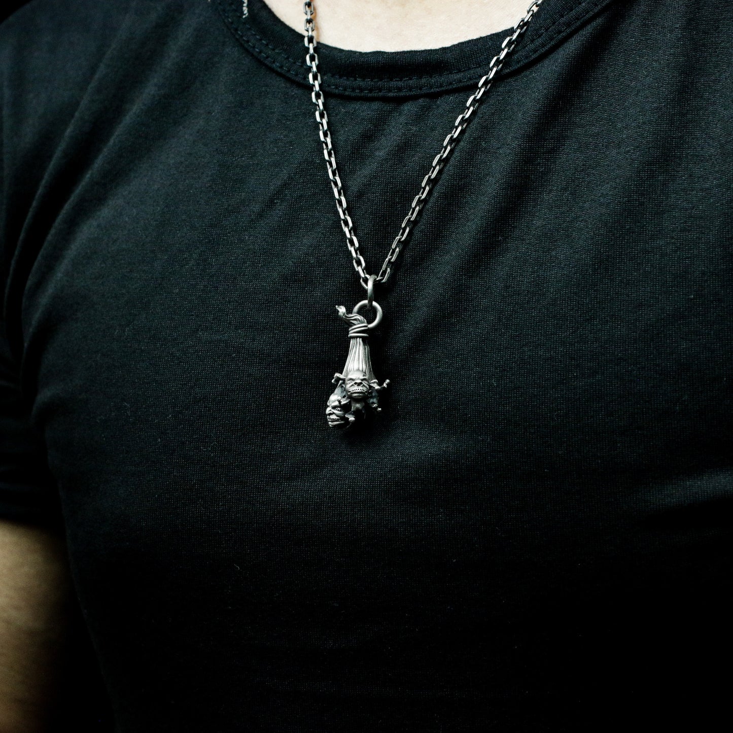 Twin Demon Pendant ¨C Handmade 925 Silver Double Skull Totem Necklace