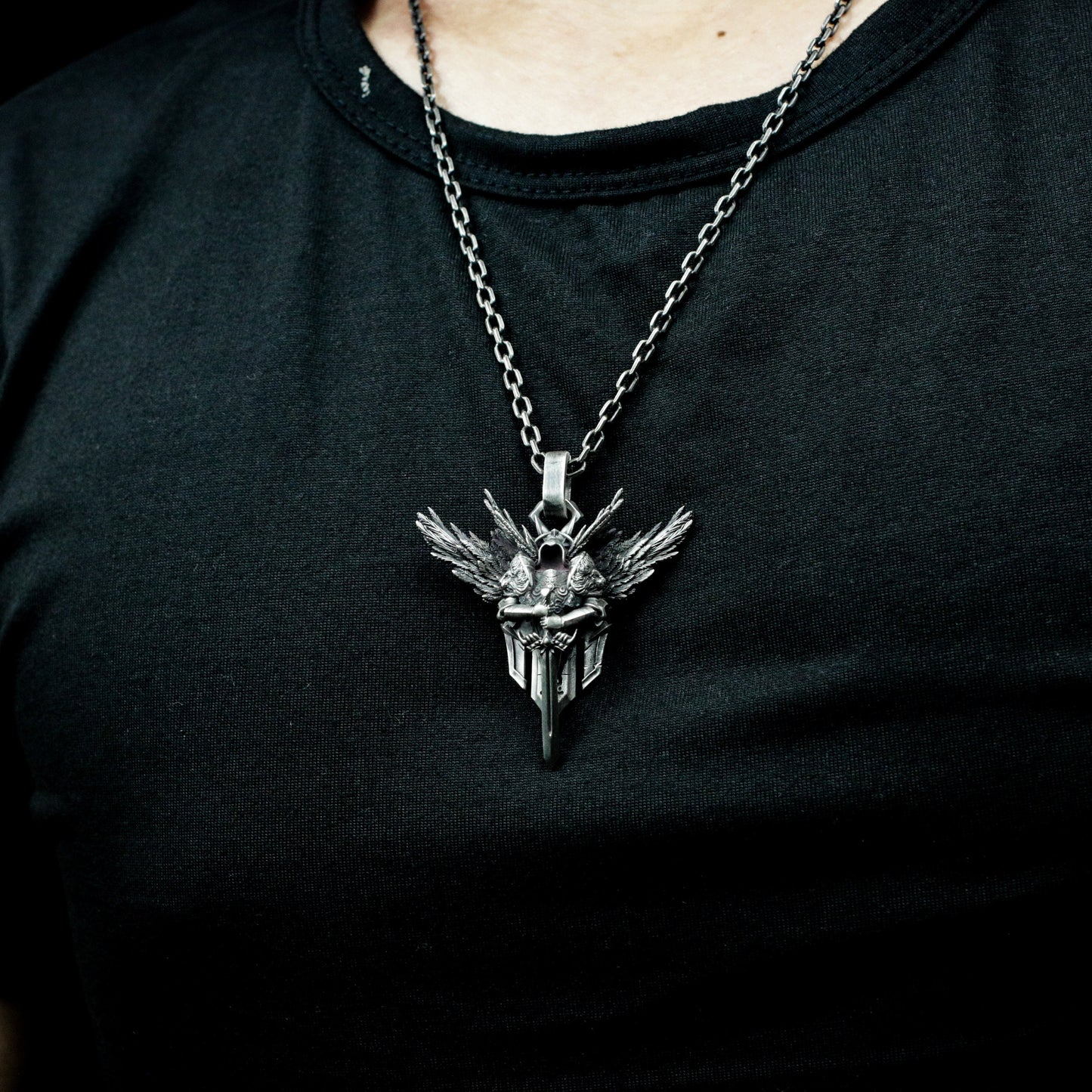 Winged Warrior Pendant with Blade and Shield - 925 Sterling Silver Handmade