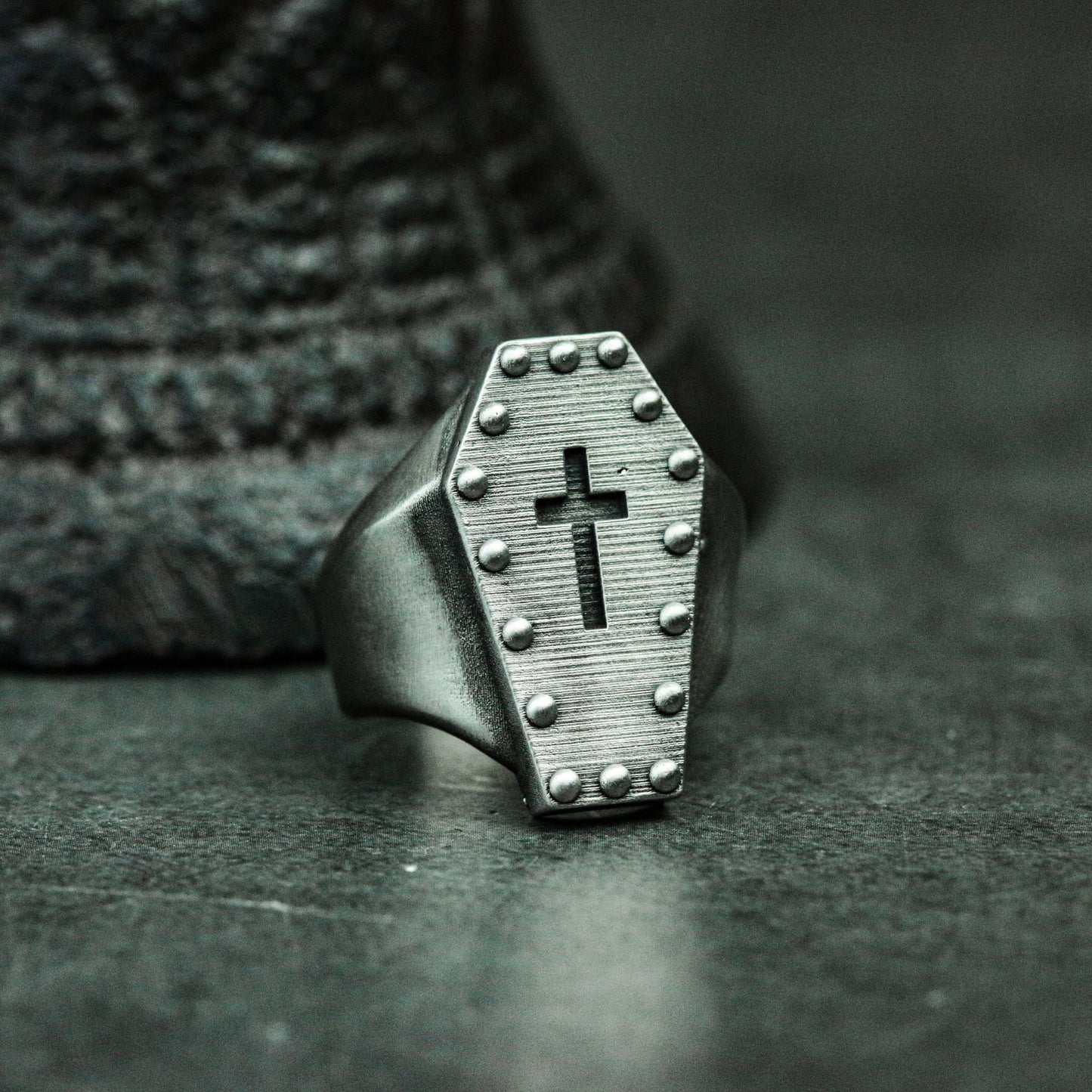 Coffin Cross Ring with Studded Border ¨C 925 Sterling Silver Handmade