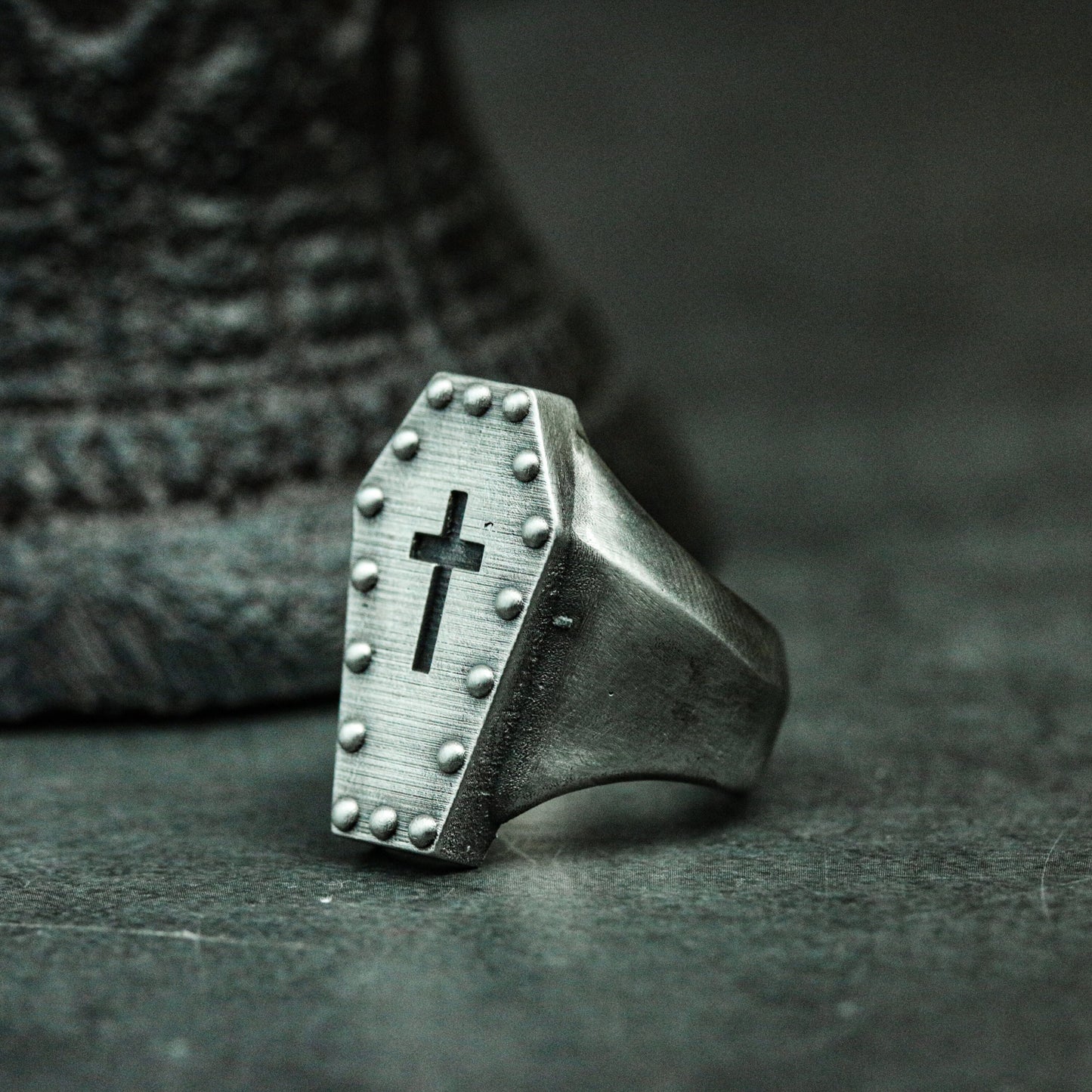 Coffin Cross Ring with Studded Border ¨C 925 Sterling Silver Handmade