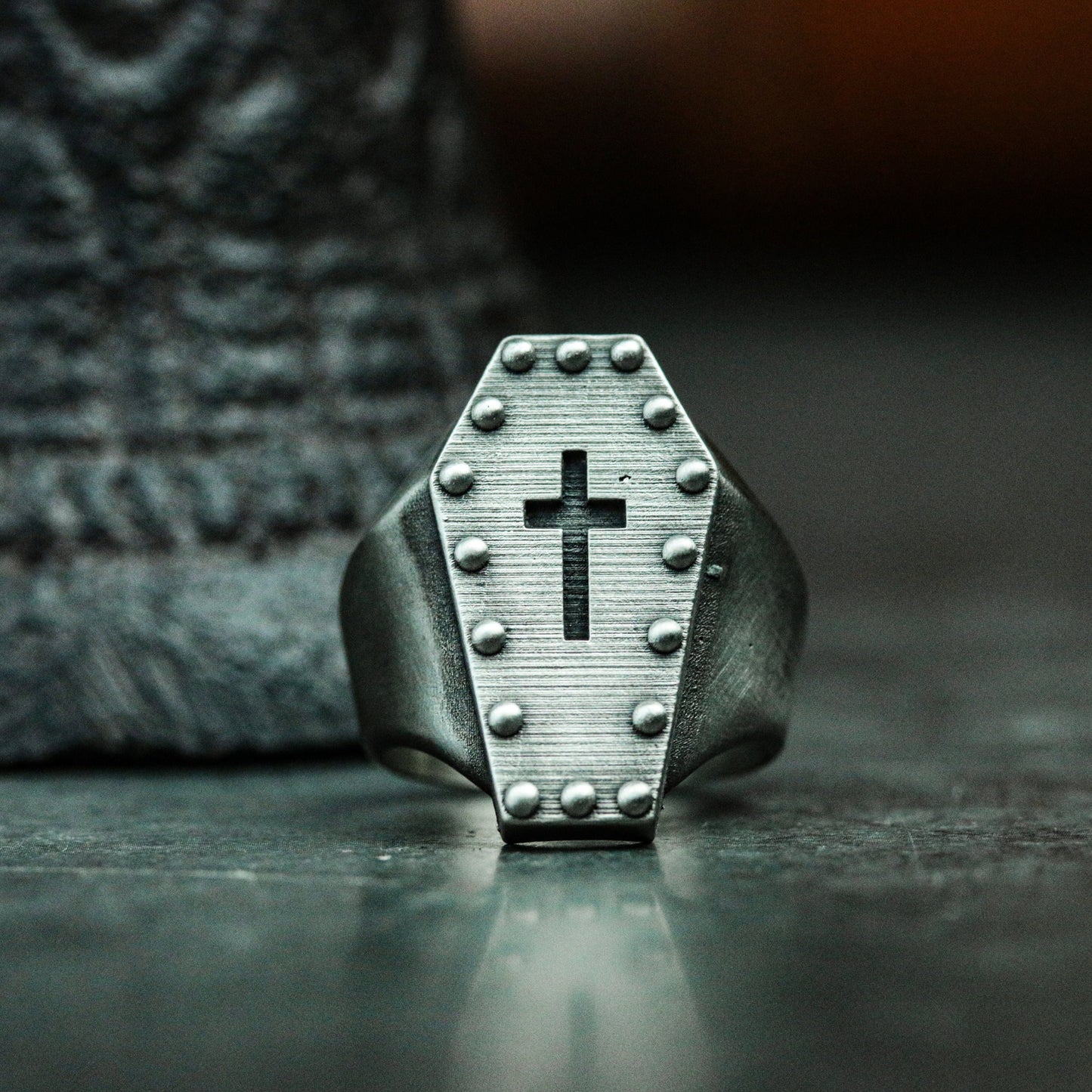 Coffin Cross Ring with Studded Border ¨C 925 Sterling Silver Handmade