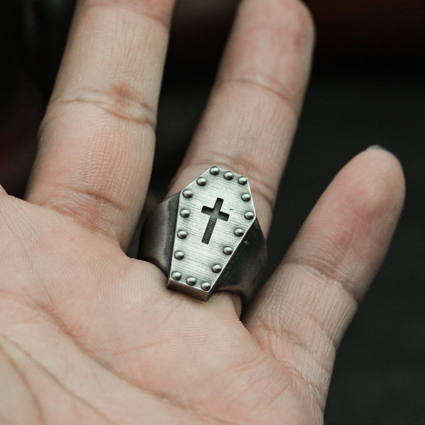 Coffin Cross Ring with Studded Border ¨C 925 Sterling Silver Handmade