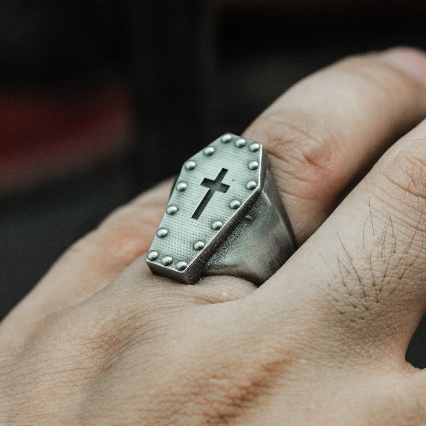 Coffin Cross Ring with Studded Border ¨C 925 Sterling Silver Handmade