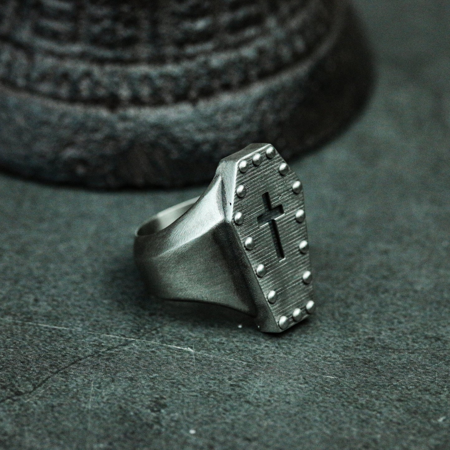 Coffin Cross Ring with Studded Border ¨C 925 Sterling Silver Handmade