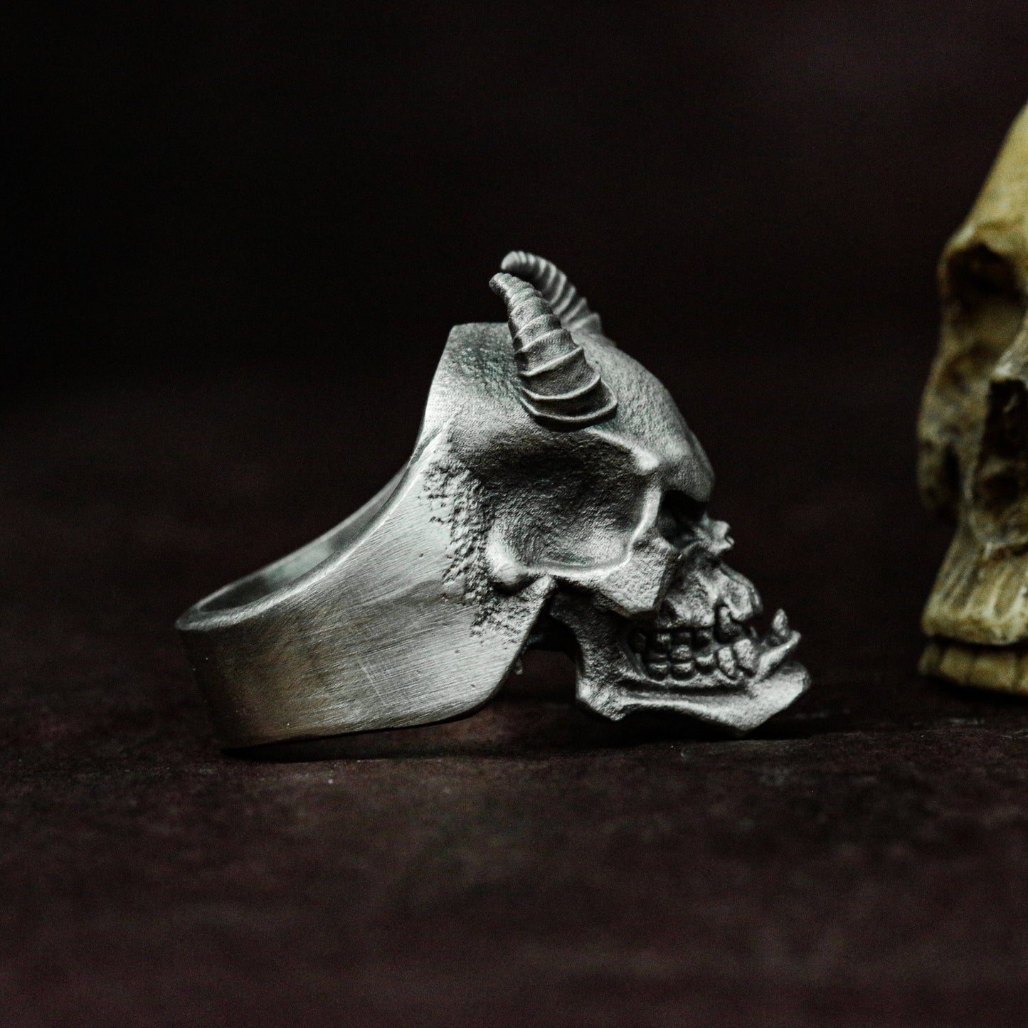 Demon Skull Ring with Horns and Fangs ¨C 925 Sterling Silver Handmade