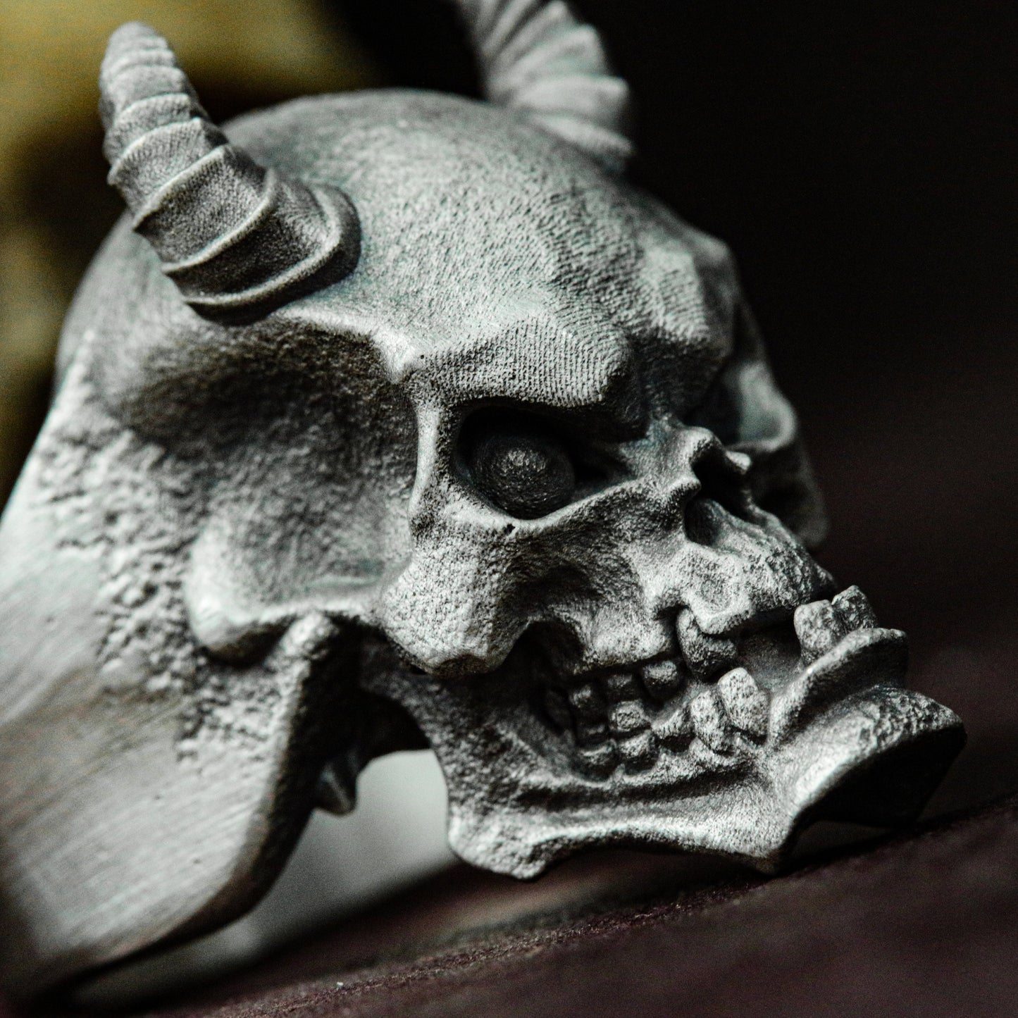 Demon Skull Ring with Horns and Fangs ¨C 925 Sterling Silver Handmade