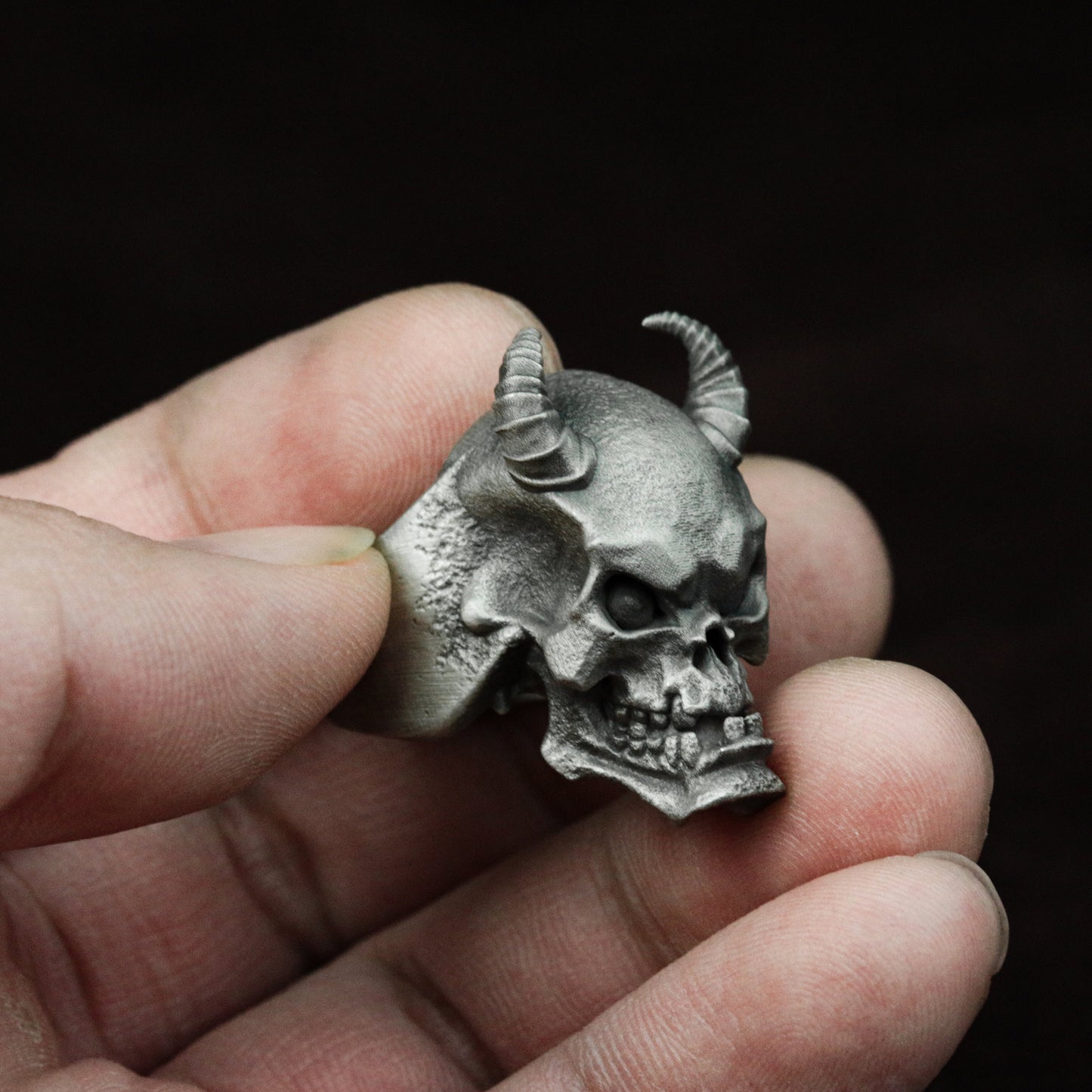 Demon Skull Ring with Horns and Fangs ¨C 925 Sterling Silver Handmade