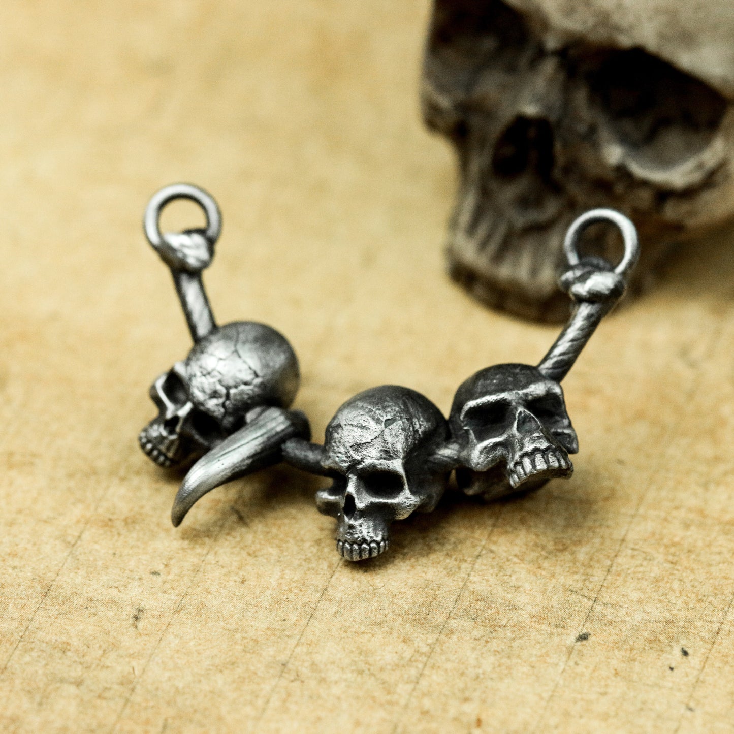 Three Skull Pendant with Central Spike - 925 Sterling Silver Handmade