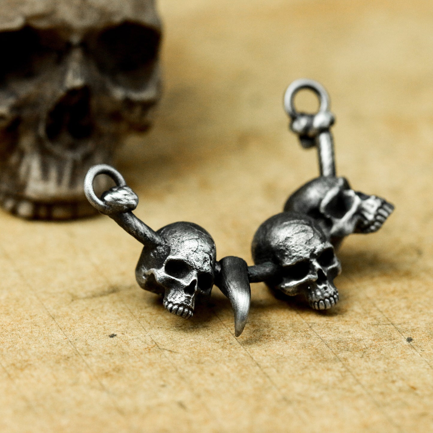 Three Skull Pendant with Central Spike - 925 Sterling Silver Handmade