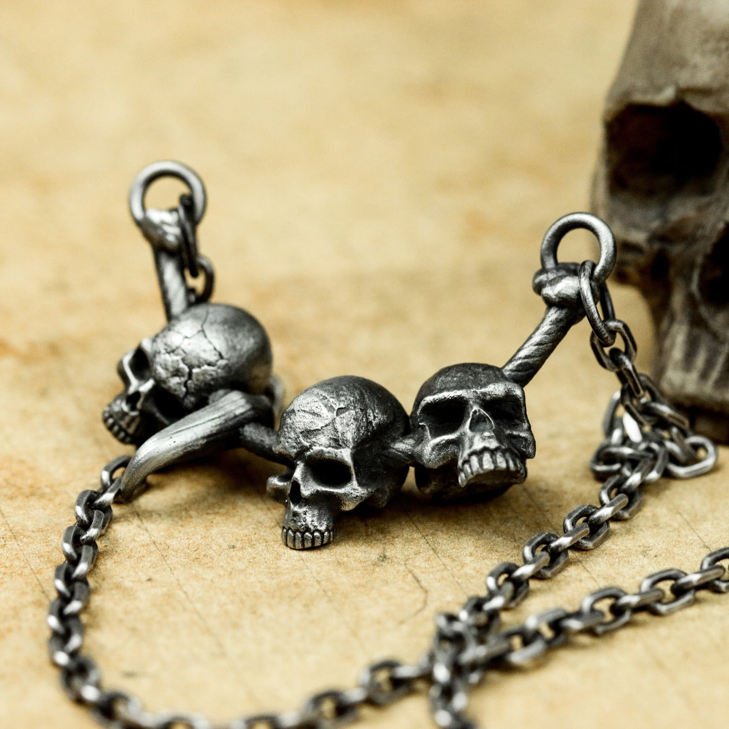 Three Skull Pendant with Central Spike - 925 Sterling Silver Handmade