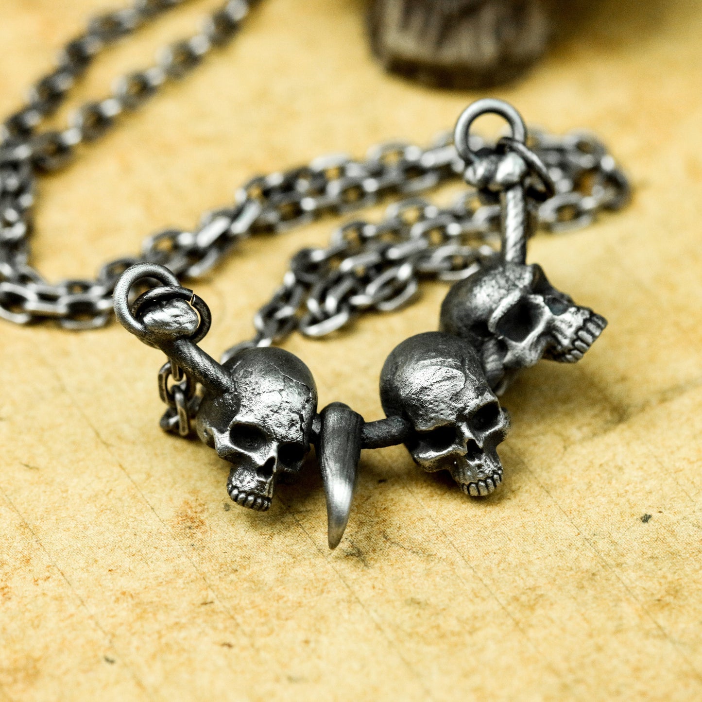 Three Skull Pendant with Central Spike - 925 Sterling Silver Handmade