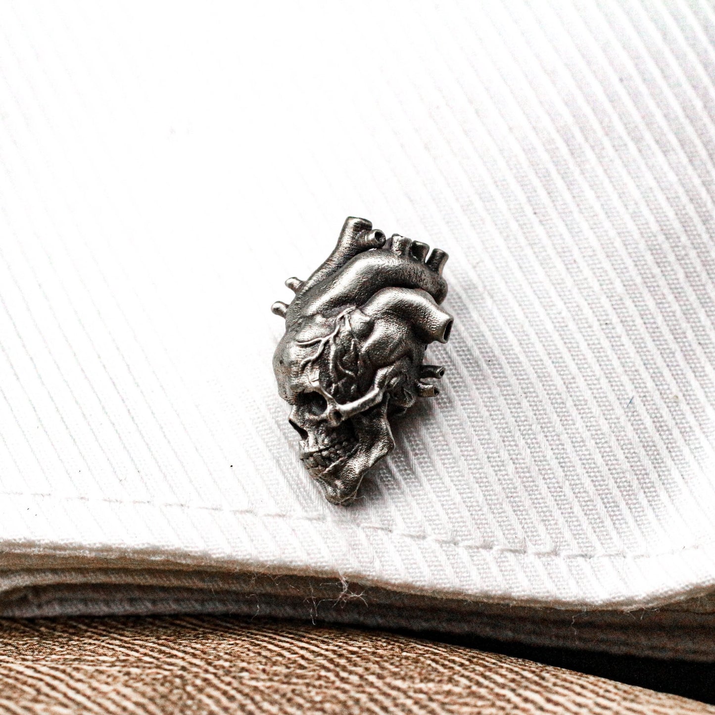 Anatomical Heart Skull Cufflinks, 925 Silver Handmade
