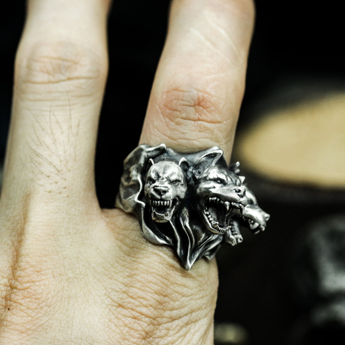 Hyena Trio Ring ¨C Handmade 925 Silver Snarling Pack Band