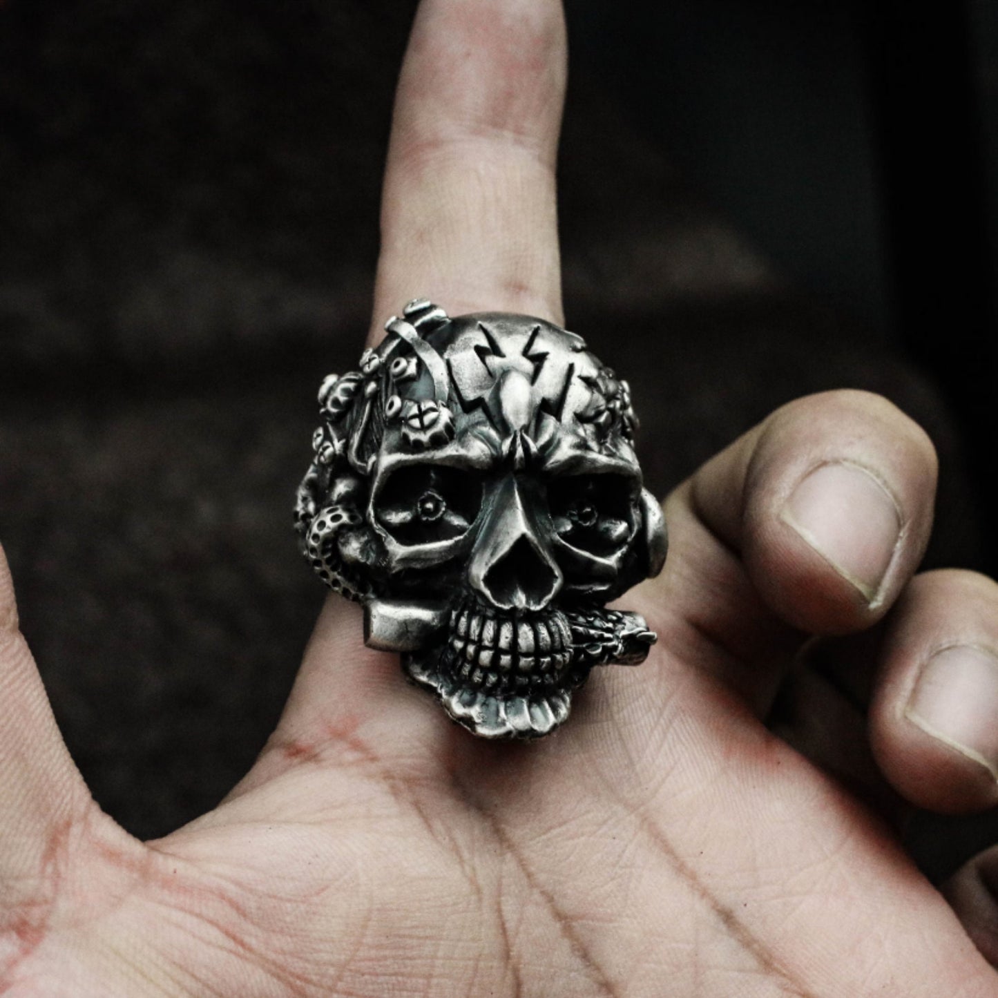Retro Skull Ring ¨C Handmade 925 Silver Cyberpunk Gothic Band