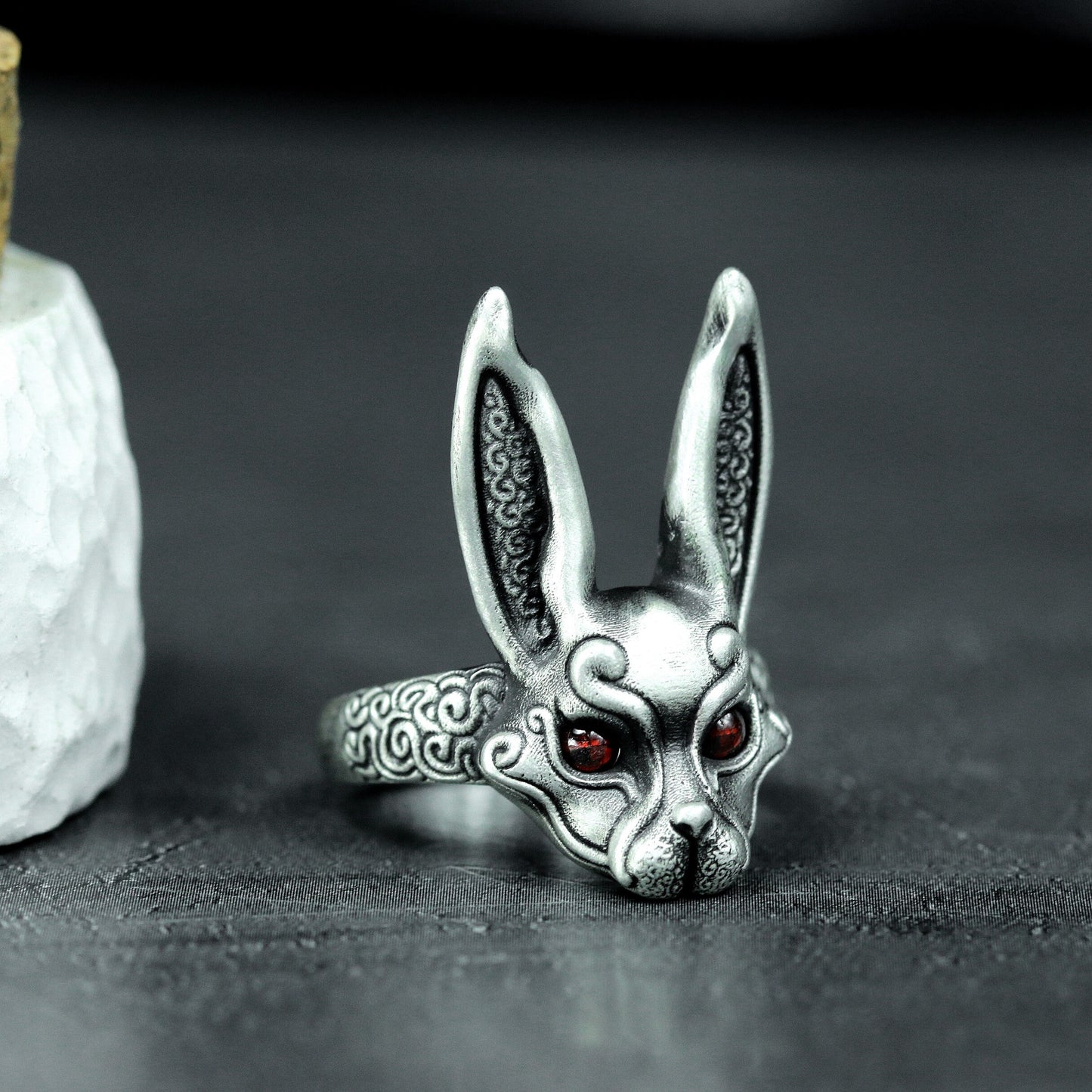 Red-Eyed Bunny Ring ¨C Handmade 925 Silver Dark Forest Band