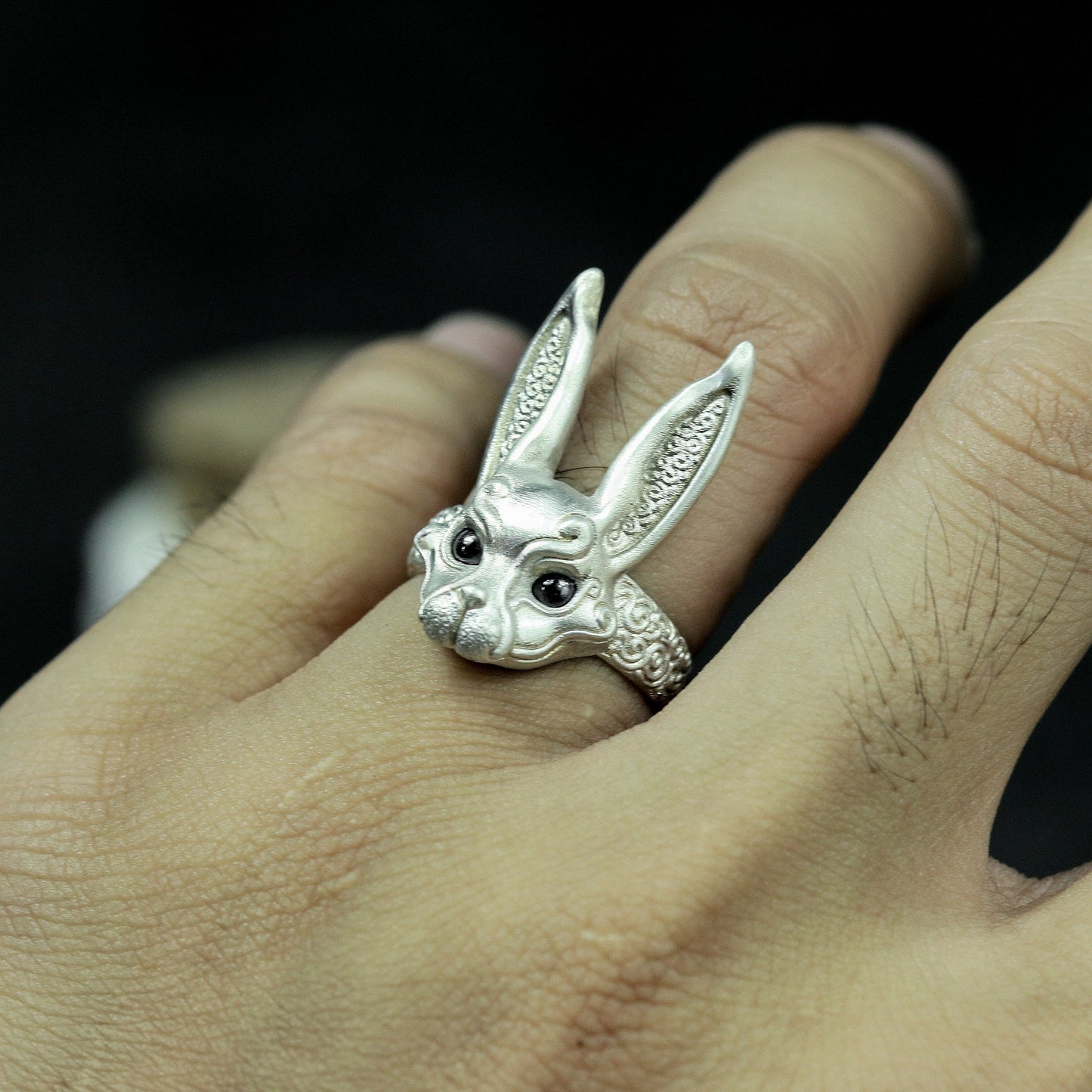 Red-Eyed Bunny Ring ¨C Handmade 925 Silver Dark Forest Band