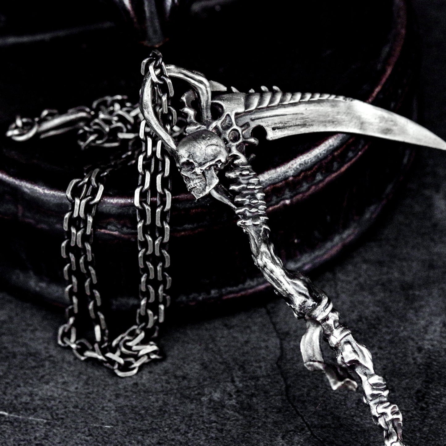 Minimal Grim Reaper Pendant with Long Scythe ¨C 925 Sterling Silver Handmade