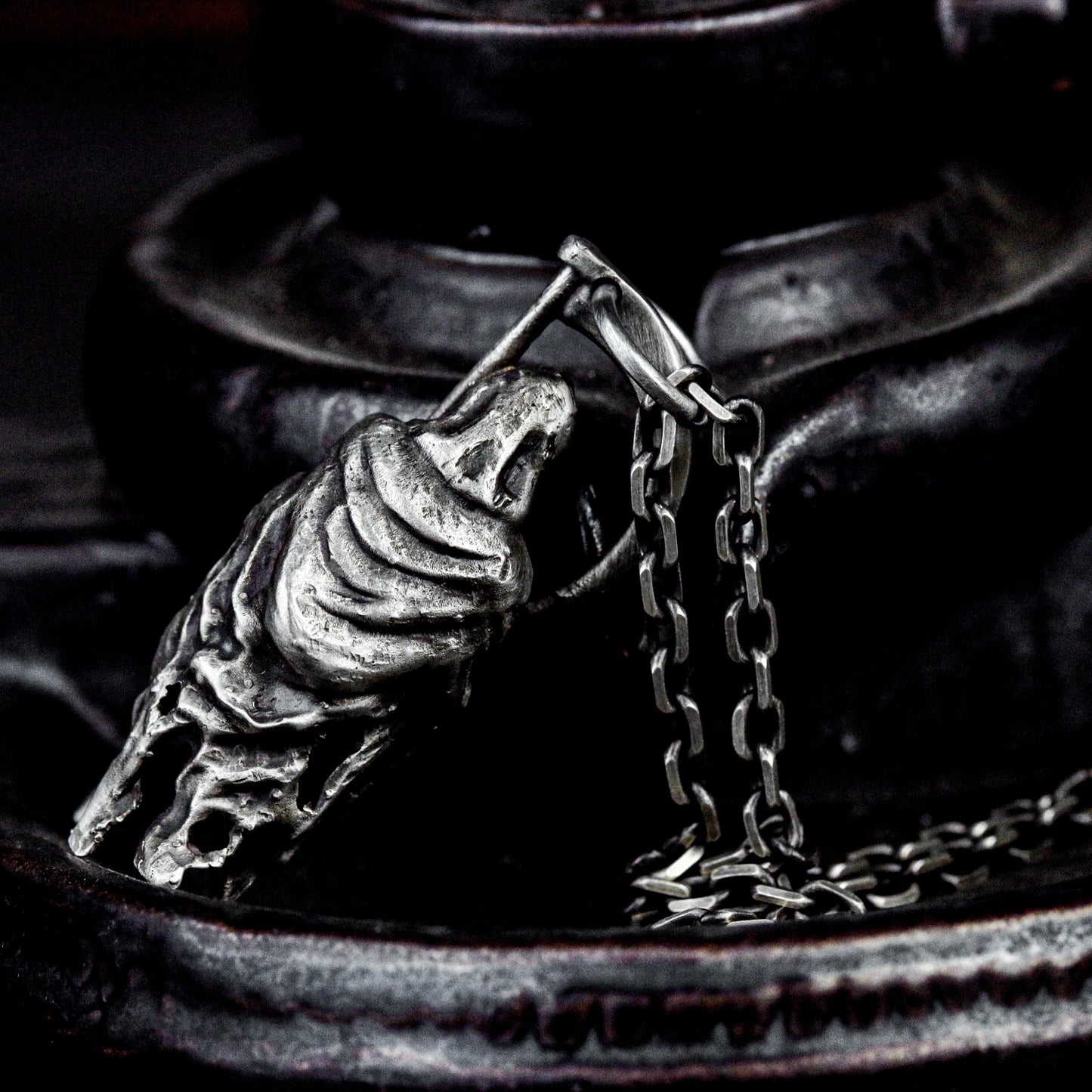 Hooded Reaper Pendant with Arched Blade ¨C 925 Sterling Silver Handmade