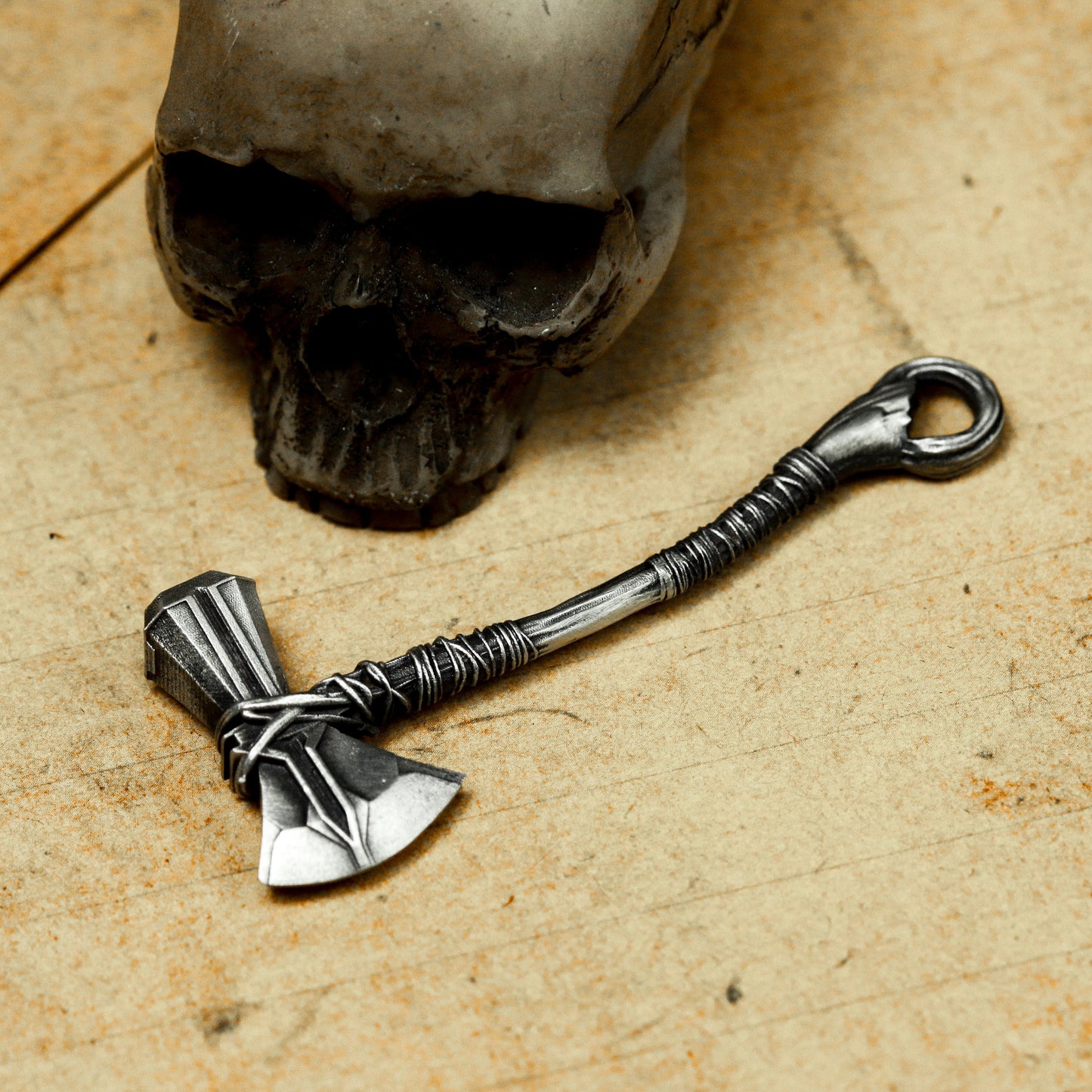 Small Battle Axe Pendant with Wrapped Grip - 925 Sterling Silver Handmade