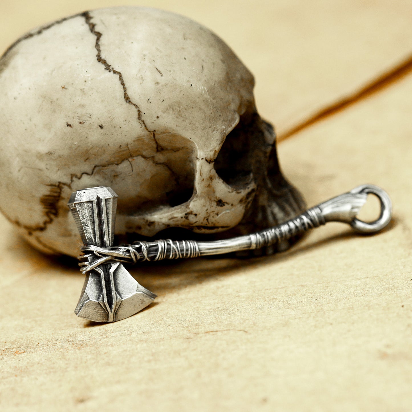 Small Battle Axe Pendant with Wrapped Grip - 925 Sterling Silver Handmade