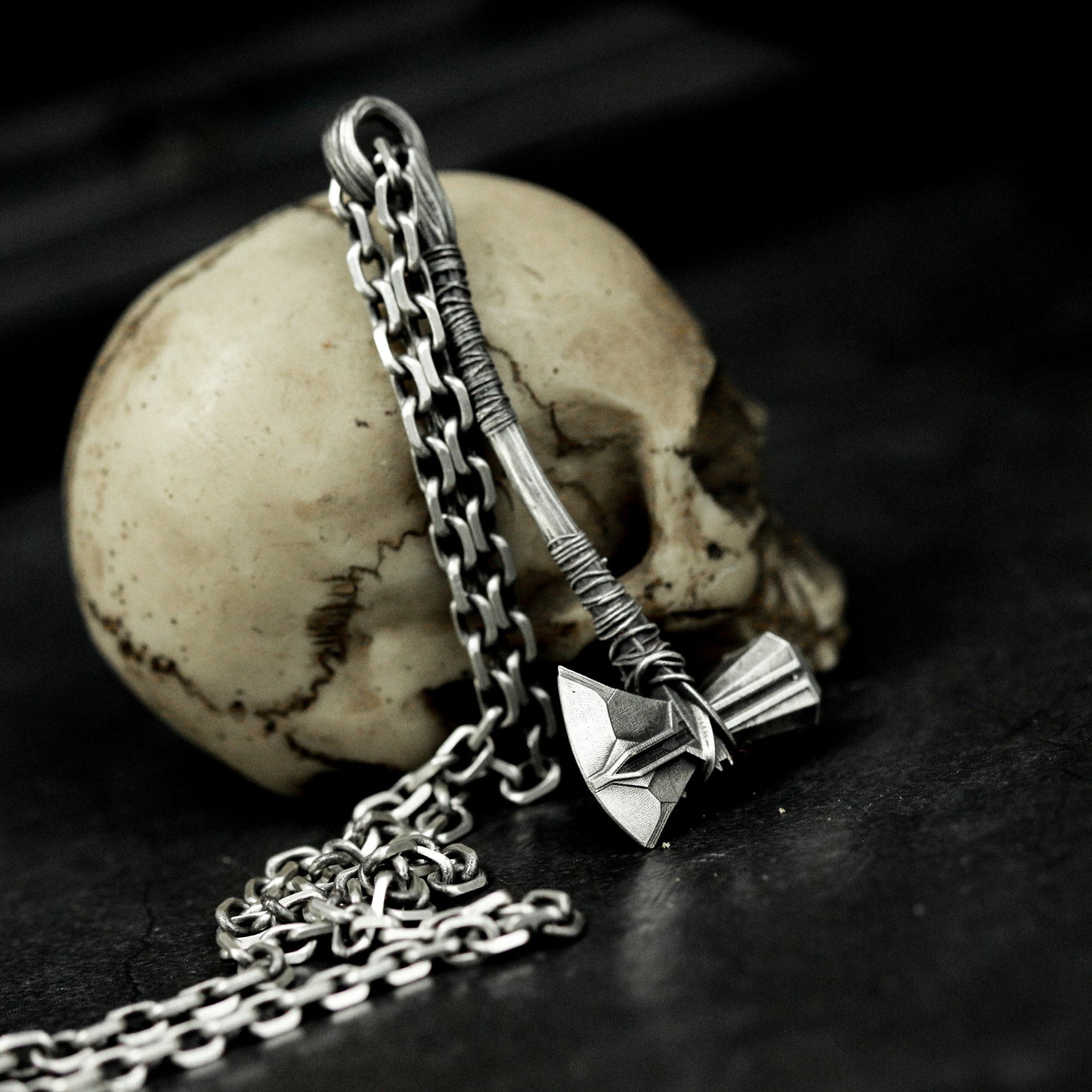 Small Battle Axe Pendant with Wrapped Grip - 925 Sterling Silver Handmade