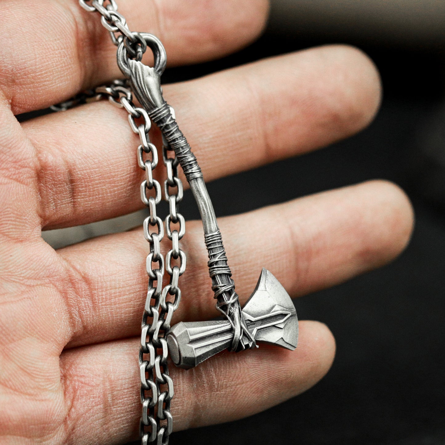 Small Battle Axe Pendant with Wrapped Grip - 925 Sterling Silver Handmade