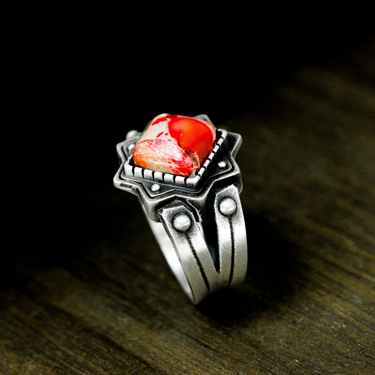 Red Stone Gothic Signet Ring ¨C 925 Sterling Silver Handmade