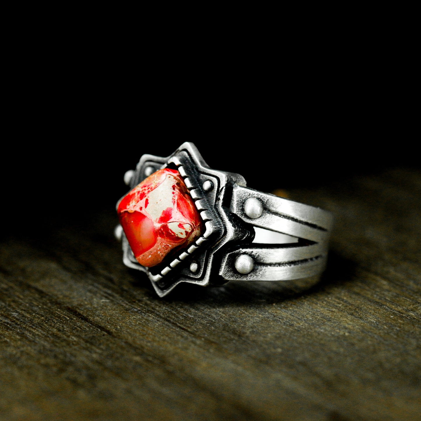 Red Stone Gothic Signet Ring ¨C 925 Sterling Silver Handmade