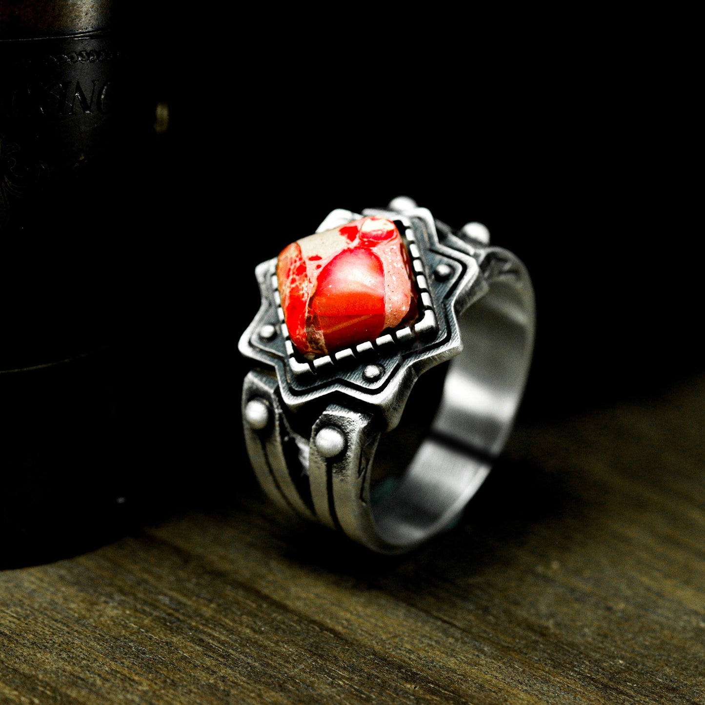 Red Stone Gothic Signet Ring ¨C 925 Sterling Silver Handmade