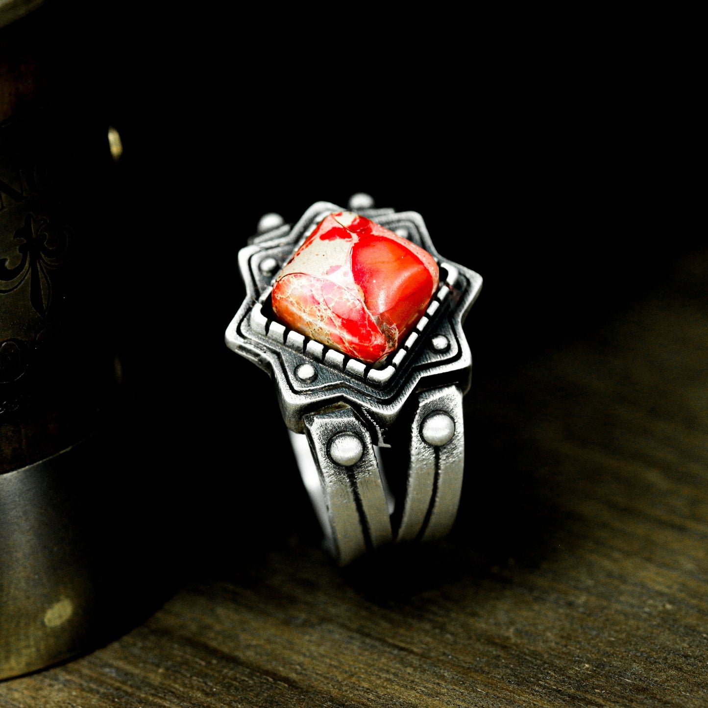 Red Stone Gothic Signet Ring ¨C 925 Sterling Silver Handmade